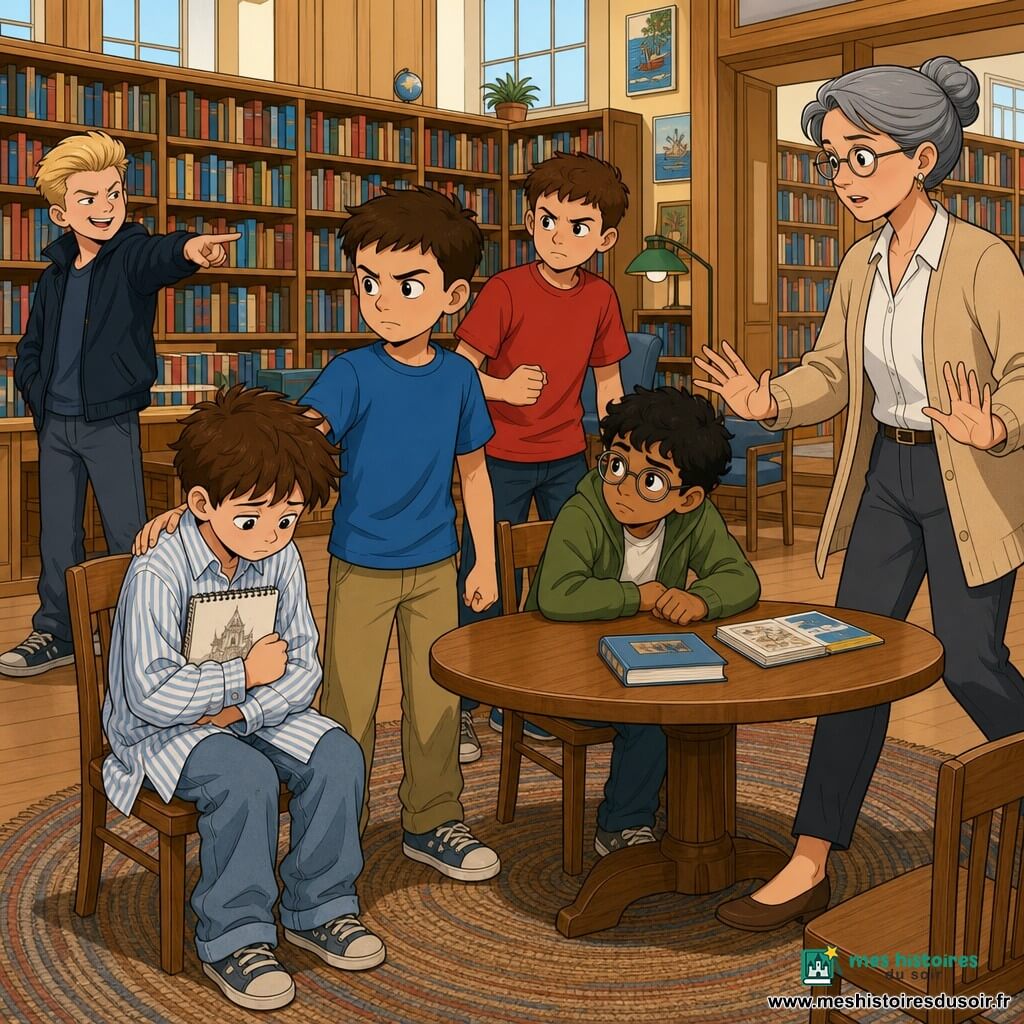 Six personnages dans une grande bibliothèque lumineuse aux murs en bois clair : Simon, ~9 ans, cheveux bruns en bataille, chemise trop grande, assis au premier plan tenant un carnet et regardant le sol ; Léo, ~9 ans, t‑shirt bleu, debout à côté de Simon, main sur son épaule, regard déterminé ; Malik, ~9 ans, peau mate, lunettes, veste verte, assis à la table près de Simon, posture protectrice ; Tom, ~9 ans, grand, t‑shirt rouge, derrière Léo, poing fermé mais calme ; Maxime, ~11 ans, harceleur aux cheveux blonds et veste sombre, à l’arrière en train de se moquer ; la bibliothécaire, ~40 ans, cheveux gris en chignon, cardigan beige, entre par la droite paumes ouvertes pour apaiser la scène. Atmosphère narrative et bienveillante : soutien immédiat des amis, contraste de tons doux chez les enfants et plus froids chez le harceleur, grandes fenêtres laissant passer un rayon de lumière, table ronde en chêne et tapis sous la table.