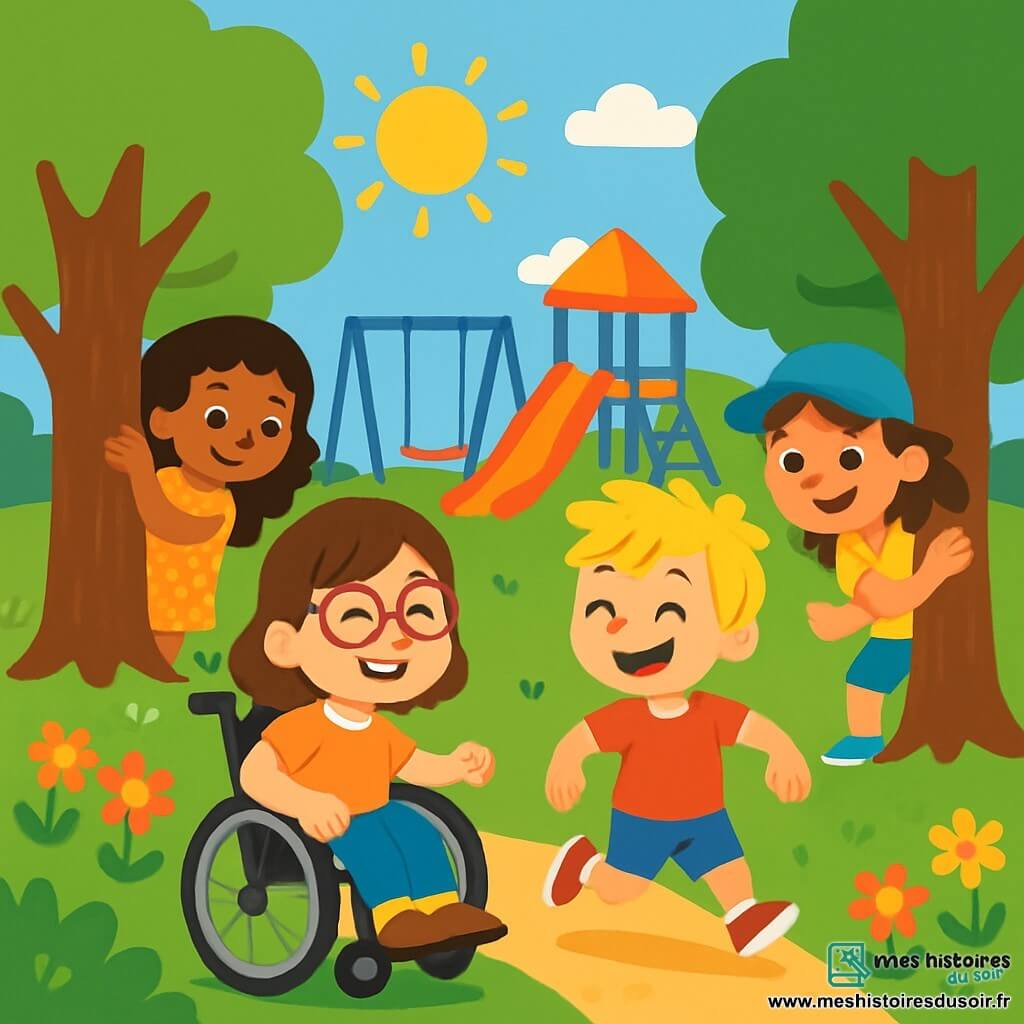 Il y a quatre enfants : Lou, une fille de 8 ans dans un fauteuil roulant, souriante et enthousiaste ; Max, un garçon de 7 ans aux cheveux blonds en t-shirt rouge, courant joyeusement ; Lila, une fille de 7 ans avec des cheveux bouclés en robe à fleurs, se cachant derrière un arbre ; et Zoé, une fille de 8 ans avec des cheveux châtains et une casquette, sortant de sa cachette, souriante. L'action se déroule dans un parc ensoleillé avec des arbres, une aire de jeux colorée, de l'herbe douce et des fleurs. Lou compte joyeusement pour le jeu de cache-cache, entourée de ses amis cachés, illustrant l'amitié et l'inclusion.