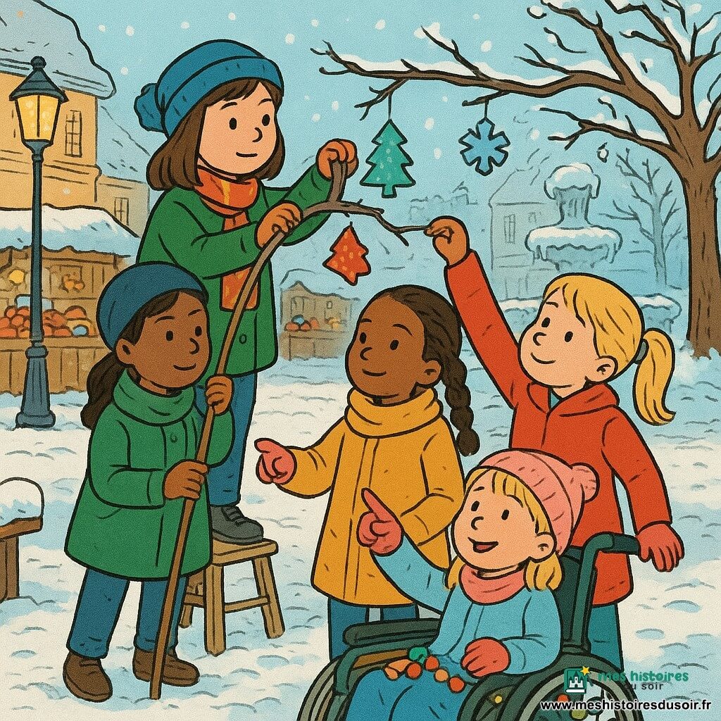 Quatre filles de 8 ans : Lina, cheveux châtain clair en couette, manteau rouge, tient une longue canne et la dirige vers une branche à droite ; Zoé, cheveux noirs mi-longs, bonnet bleu, manteau vert, sur un petit marchepied à gauche de Lina, tient une boîte de cartes colorées ; Amira, peau mate, tresse, manteau jaune moutarde, stabilise la canne et regarde vers la branche derrière Zoé ; Rose, cheveux blonds, dans un fauteuil roulant décoré de guirlandes, gants roses, au centre-devant, indique où accrocher la carte. Scène : petite place de marché enneigée la veille de Noël, pavés sous une fine neige, lampadaires anciens à lumière chaude, étals en bois, fontaine gelée et arbres aux branches basses chargées de neige. Les quatre amies accrochent des cartes en forme de sapins et flocons sur une branche au-dessus d’un vieux pont ; une carte tournoie au vent, elles sont concentrées et souriantes, ambiance chaleureuse et festive, couleurs contrastées et textures visibles (laine, bois, neige).