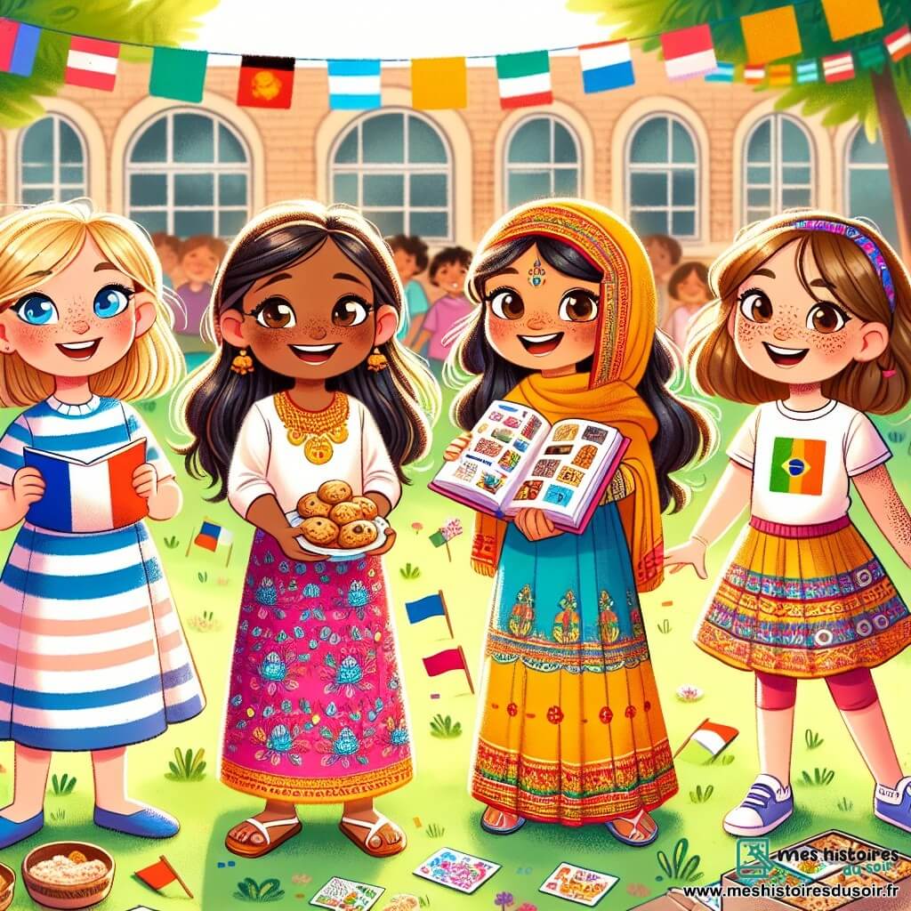 Quatre filles, Amélie, Sofia, Leïla et Clara, se tiennent joyeusement dans une cour d'école ensoleillée. Amélie, 10 ans, avec des cheveux blonds, porte une robe aux couleurs du drapeau français et brandit des petits drapeaux. Sofia, 9 ans, avec des cheveux bruns, est en sari indien et tient un plat de biscuits. Leïla, 10 ans, avec des cheveux noirs, porte une robe marocaine et montre un livre illustré. Clara, 9 ans, avec des cheveux châtains et des taches de rousseur, porte un t-shirt brésilien et tient une boîte de jeux. La cour est décorée de guirlandes et de drapeaux, avec des enfants qui jouent. Les amies se préparent pour le défilé des cultures, célébrant la diversité et l'amitié.