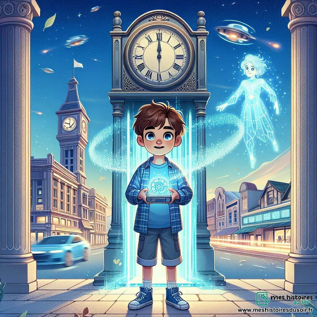 Au centre de l'image, Alex, un garçon de 12 ans aux cheveux châtains en désordre et aux yeux curieux, se tient devant une horloge publique ancienne, son visage illuminé par l'excitation. Il porte un t-shirt bleu et un short, tenant un boîtier brillant, prêt à activer un voyage dans le temps. À ses côtés, Sélène, une intelligence artificielle holographique avec des cheveux flottants et des yeux lumineux, l'encourage. En arrière-plan, une rue futuriste avec des maisons flottantes, des voitures volantes et des hologrammes colorés. Alex, enthousiaste, s'apprête à entrer dans un couloir lumineux, laissant derrière lui un monde familier pour une aventure à travers le temps.
