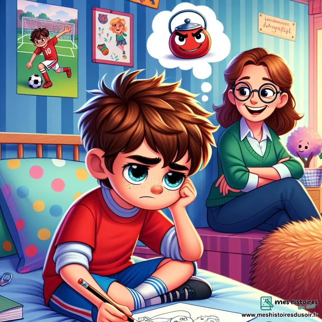 Un garçon de 10 ans, Louis, avec des cheveux bruns en bataille et des yeux pétillants, est assis sur son lit, l'air pensif et frustré. Il porte un t-shirt rouge et un short bleu, tenant un crayon, prêt à dessiner. À côté de lui, sa maman, une femme souriante d'environ 35 ans aux cheveux châtains et lunettes, l'encourage avec un regard doux. La chambre est décorée de posters de foot et de dessins colorés, avec un grand tapis moelleux. Louis regarde une feuille blanche, prêt à exprimer sa colère à travers le dessin, tandis qu'une bouilloire rouge imaginaire flotte au-dessus de sa tête, symbolisant ses émotions.