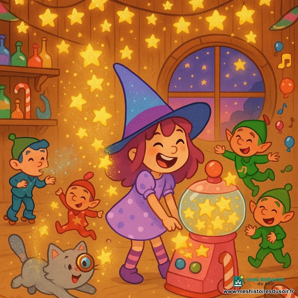 Plumette, une jeune sorcière joyeuse et espiègle, porte un grand chapeau pointu changeant de couleur, une robe violet pâle à pois et des chaussettes rayées, elle rit en appuyant sur les gros boutons d’une machine en bonbons qui projette des étoiles dorées; Nuage, un chat rond et fluffy au pelage gris clair avec une loupe en caramel sur le nez, saute pour attraper les étoiles en laissant des traînées de paillettes; un lutin bleu en patins à roulettes souffle de la poudre magique depuis la gauche, un lutin rouge fait une pirouette au centre couvert d’étoiles collées et un lutin vert rit en lançant des mini-ballons chantants depuis la droite, tous proches de Plumette; l’action se déroule dans un fablab féerique intérieur avec étagères de fioles brillantes, outils en sucre d’orge, murs en bois décorés de guirlandes de paillettes et une grande fenêtre ronde sur un ciel crépusculaire, tandis que des centaines d’étoiles dorées tombent du plafond, éclairant la pièce d’une lumière chaude et créant une atmosphère magique et joyeuse — style : couleurs vives, formes douces, traits épais, textures de bonbons et paillettes visibles, composition centrée sur Plumette et la machine.