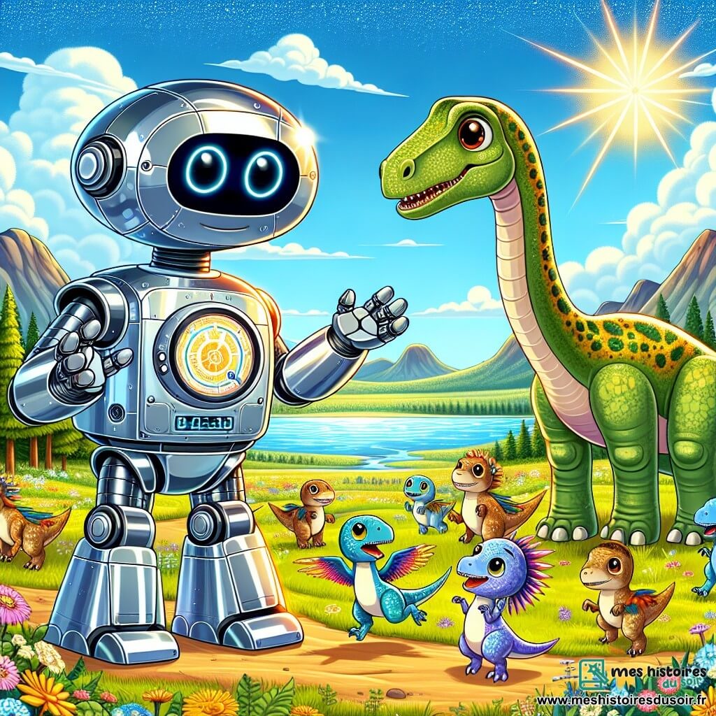 Au centre de l'image, un petit robot nommé B103, avec une carapace en métal brillant et des yeux ronds, exprime curiosité et émerveillement. Il se tient debout sur ses petites pattes, les bras ouverts, entouré d'une lumière éclatante symbolisant le voyage dans le temps. À sa droite, un énorme Brachiosaure, avec un long cou et une peau verte tachetée, le regarde avec amitié. À sa gauche, un groupe de petits vélociraptors aux plumes colorées sautent de joie, montrant leur excitation. Le décor est une prairie préhistorique remplie de fleurs éclatantes, avec des montagnes sous un ciel bleu clair. B103 explique aux dinosaures comment utiliser un dispositif de navigation pour retrouver leur chemin vers la rivière scintillante, tandis que le soleil brille au-dessus d'eux.