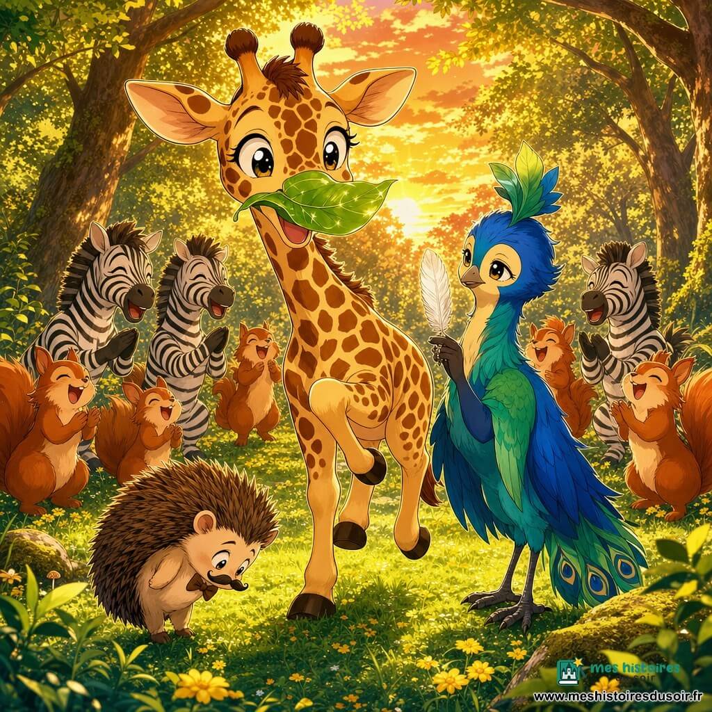 Gala la girafe joyeuse et malicieuse, grande silhouette tachetée, tient une feuille brillante sur son museau en souriant ; à ses côtés Maestro Plumetis, un oiseau élégant bleu-vert, pose une plume blanche sur une patte en signe de paix ; au premier plan, un petit hérisson timide fait une révérence comique avec une minuscule moustache dessinée, près des pieds de la girafe ; en arrière-plan, zèbres et écureuils forment un cercle amusé et applaudissent silencieusement dans une clairière ensoleillée aux herbes vertes et fleurs jaunes, lumière orangée du coucher de soleil, ambiance de réconciliation et de calme joyeux, couleurs vives, contours nets, style manga enfantin, traits doux et expressions exagérées.