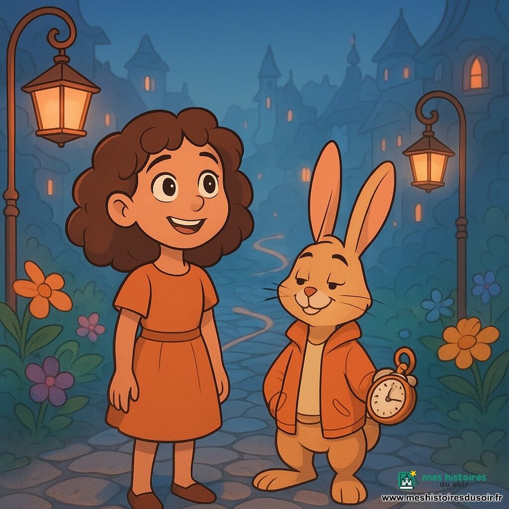 Lise, une jeune fille de dix ans avec des cheveux bruns bouclés et des yeux pétillants, se tient sur un chemin de pierres luisantes, entourée de lanternes diffusant une douce lumière abricot. À côté d'elle, Lazare, un lapin anthropomorphe en blouson orange, tient une montre à gousset avec satisfaction. Autour d'eux, des balises-jardins ajoutent une touche magique au décor. Le Chemin Casse-Cou, aux pavés tordus et rubans de lumière, serpente à travers un paysage urbain fantastique avec des bâtiments aux toits clignotants et des escaliers mouvants dans une brume argentée. La scène montre Lise et Lazare célébrant la réouverture du chemin magique, unissant deux mondes dans une ambiance festive et de découverte.