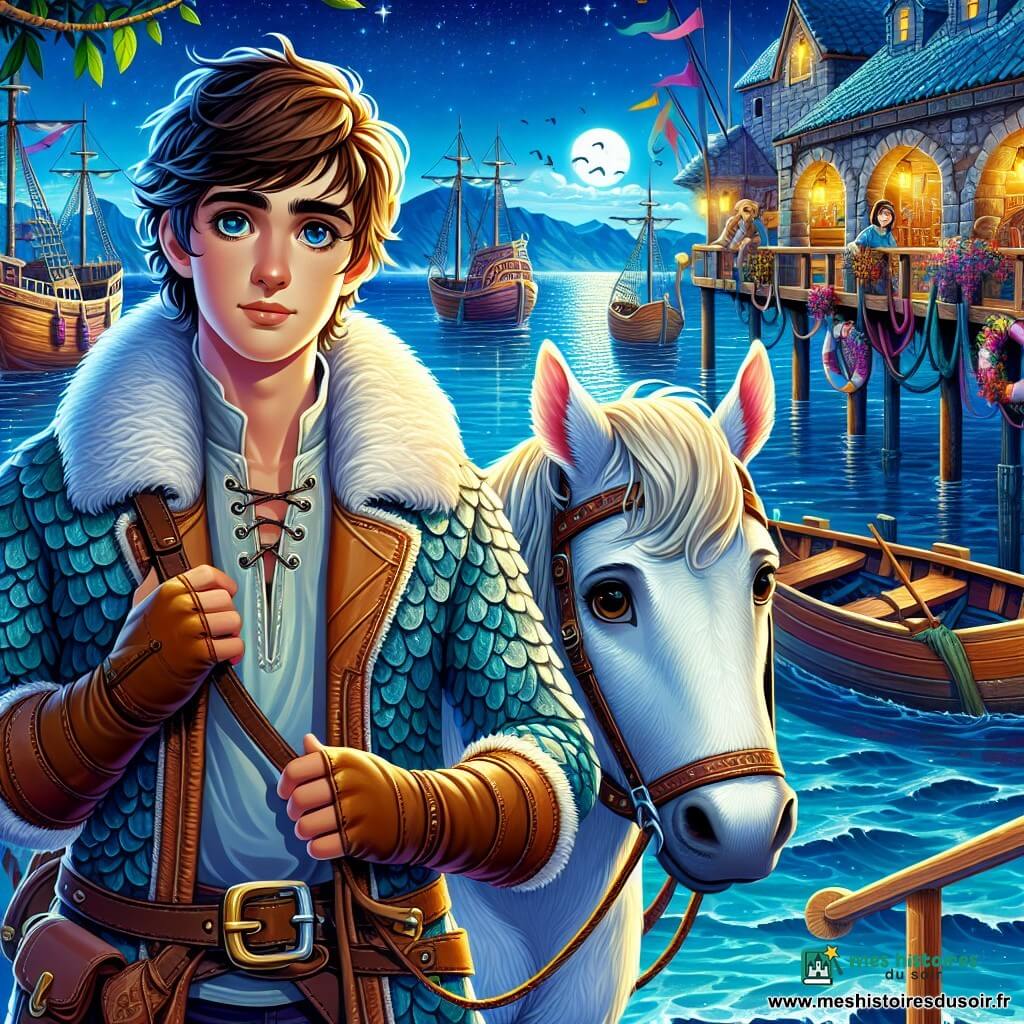 Un homme nommé Alban, la trentaine, se tient sur le quai du port d’Azura, émerveillé et déterminé. Il porte une veste d'écume scintillante et regarde la mer avec espoir. À ses côtés, Ondine, une jeune fille d'environ 20 ans avec des cheveux dorés en queue de cheval, tient la bride de son cheval blanc, Brise, curieux de la scène. Le port est illuminé par la lune, avec des barques colorées et des filets de pêche accrochés aux murs. Alban et Ondine, assis sur une bitte d’amarrage, partagent un moment de connexion en écoutant un chant mystérieux d'un puits ancien, entouré de pierres usées.