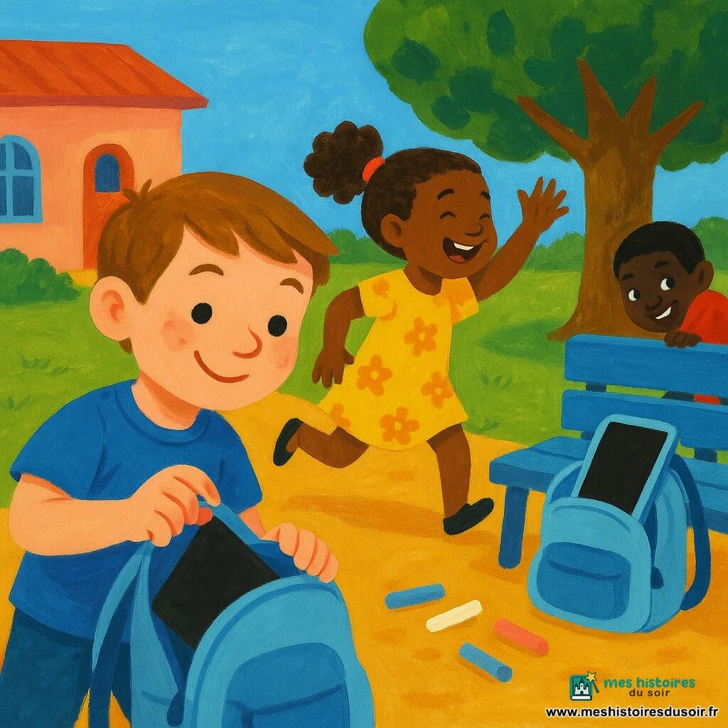 Trois enfants de 6 ans — Léo, cheveux châtains courts, souriant avec des taches de peinture sur les doigts, range doucement une petite tablette éteinte dans son sac à dos bleu clair ; Emma, bouclée en queue de cheval, rit et lève la main pour compter au début d'une partie de cache‑cache en robe jaune à fleurs ; Tom, cheveux noirs en brosse, est déjà caché derrière un banc en bois, on devine une jambe et un sourire espiègle — sur une cour de récréation lumineuse et colorée (sol ocre, coin gazonné, grand arbre, banc peint en bleu, craies multicolores, façade d'école rose‑orange sous un ciel bleu), la scène montre avec des couleurs saturées, coups de pinceau épais et contours doux le moment joyeux où les enfants laissent la tablette éteinte sur le banc pour choisir le jeu en plein air.