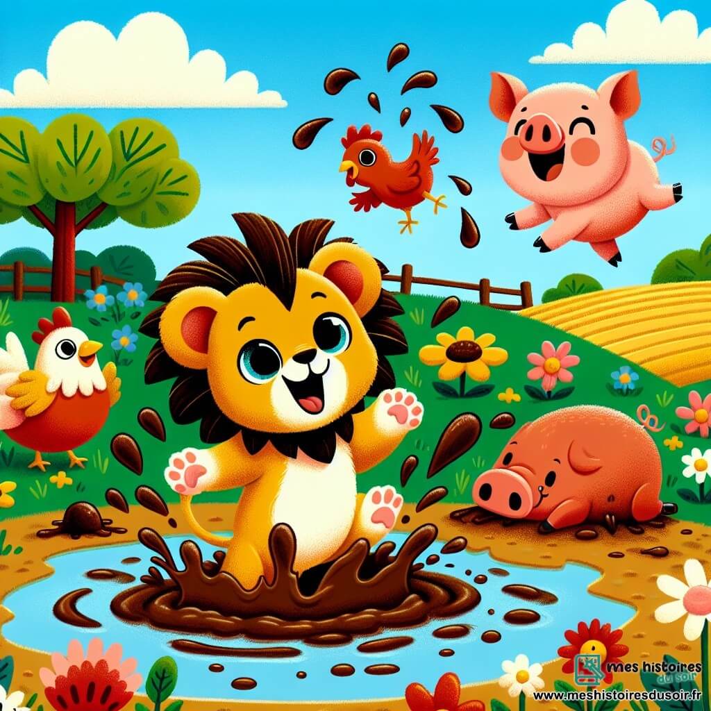 Un lionceau espiègle, avec une fourrure dorée et des yeux malicieux, saute dans une flaque de boue, éclaboussant tout en souriant. À proximité, une poule rousse, surprise, rit en regardant le lionceau, tandis qu'un cochon rose se roule dans la boue, riant aussi. La scène se déroule sur une ferme ensoleillée, entourée de champs verdoyants et de fleurs colorées, avec un ciel bleu et des nuages blancs. Le lionceau amuse ses amis animaux en faisant tomber de la boue, créant une atmosphère joyeuse.