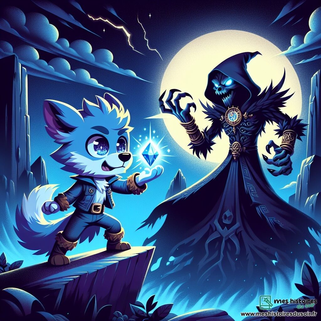 Un petit loup nommé Luno, avec une fourrure bleue éclatante et des yeux scintillants, se tient courageusement devant un sorcier maléfique. Luno, déterminé, brandit un cristal dans sa patte, prêt à défendre le temps. Le sorcier, en robe noire ornée, tente de récupérer le cristal, se tenant sur un rocher au sommet d'une montagne, entouré d'une aura de magie sombre. La scène se déroule dans la Montagne des Ombres, avec des falaises escarpées et des éclairs illuminant le ciel. Luno se prépare à affronter le sorcier pour sauver le Cristal du Temps, tandis que le vent souffle autour d'eux, créant une tension palpable.