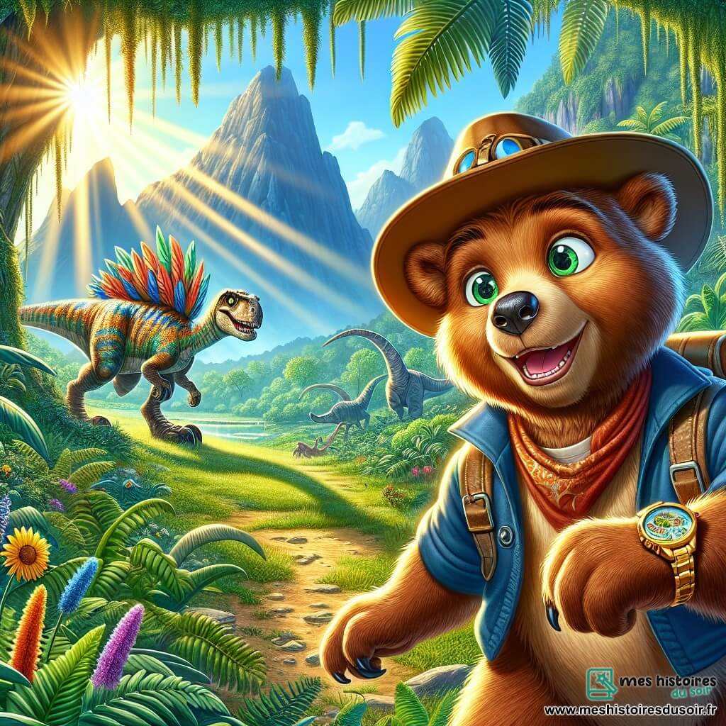 Barnabé, un jeune ours brun avec un pelage doux et des yeux pétillants, se trouve au centre d'une jungle préhistorique, tenant une montre en or. Il porte un chapeau d'aventurier et sourit, déterminé à explorer. À ses côtés, un vélociraptor aux plumes colorées court avec enthousiasme, prêt à l'aider. Plus loin, un stégosaure observe la scène avec curiosité. La jungle est luxuriante, avec des fougères géantes, des fleurs éclatantes et des rayons de soleil filtrant à travers le feuillage, créant une atmosphère magique. Au fond, des montagnes se dessinent sous un ciel bleu. Barnabé et le vélociraptor s'apprêtent à entrer dans une immense grotte où se profilent des silhouettes d'ours préhistoriques.