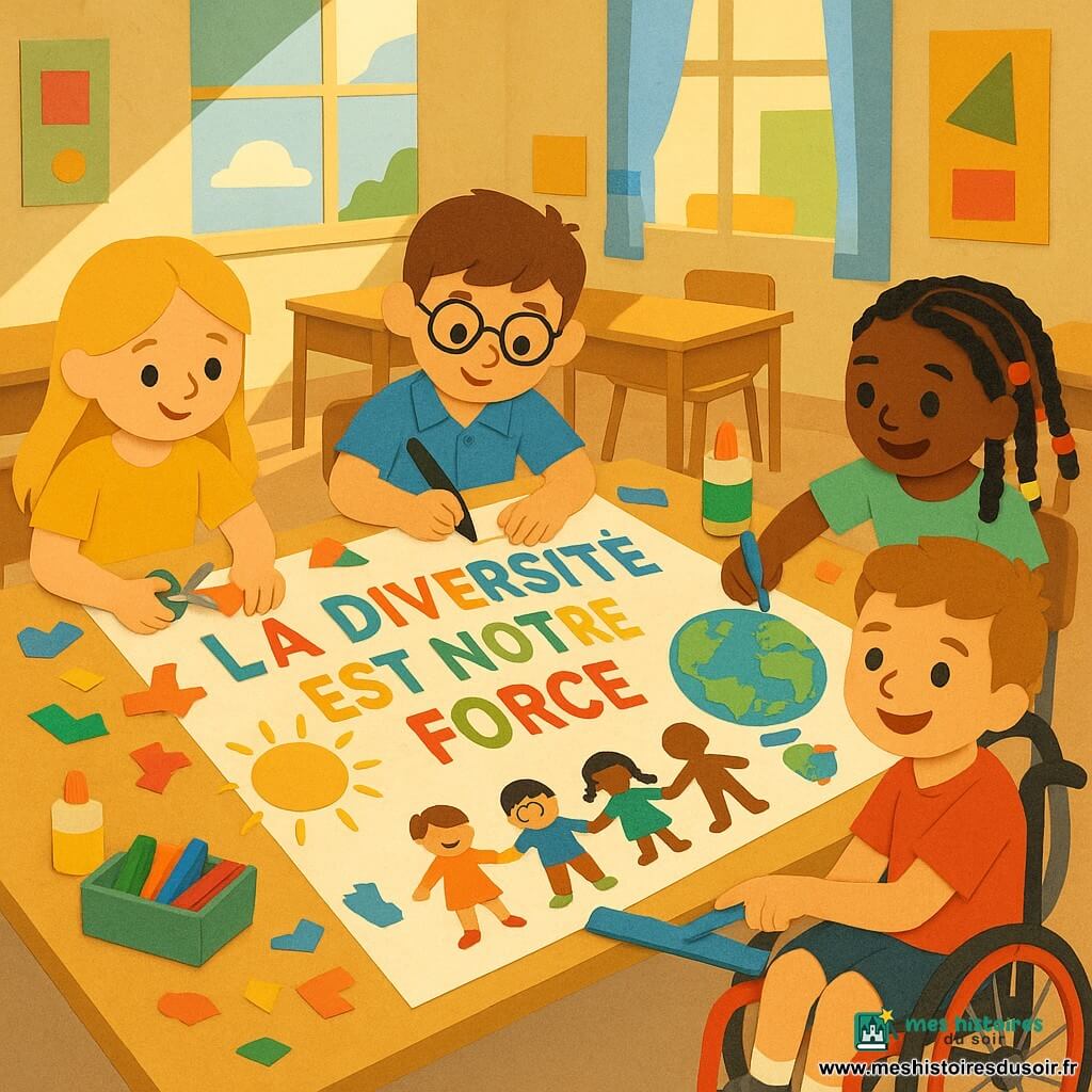 Quatre enfants créent une charte anti‑racisme dans une salle de classe lumineuse : Léa (≈8 ans, longs cheveux blonds, robe jaune) assise à gauche découpe des formes colorées, Tom (≈8 ans, châtain, lunettes rondes, chemise bleue) au centre écrit à gros feutre, Samira (≈8 ans, tresses colorées, tee‑shirt vert) à droite dessine un globe avec des enfants de différentes couleurs, et Julien (≈9 ans, en fauteuil roulant, short rouge) légèrement devant à droite pointe une règle où est écrite « Nous écoutons avant de juger » ; sur la grande feuille presque aussi large que la table on voit des tâches de peinture, papiers découpés, silhouettes d’enfants collées, un grand soleil jaune et la phrase « La diversité est notre force », ambiance joyeuse et collaborative.