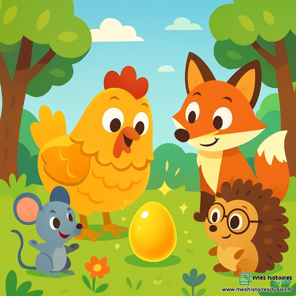 Coqueline, une poule aux plumes dorées, se tient dans une clairière, émerveillée par un œuf en or à ses pieds. À sa droite, Gustave le renard, curieux, observe l'œuf avec un sourire malicieux. À gauche, Mina la souris, excitée, est assise sur un brin d'herbe, tandis que Théo le hérisson, concentré, regarde attentivement. La scène ensoleillée est entourée d'arbres majestueux et de fleurs colorées, symbolisant leur amitié et le début d'une aventure magique.