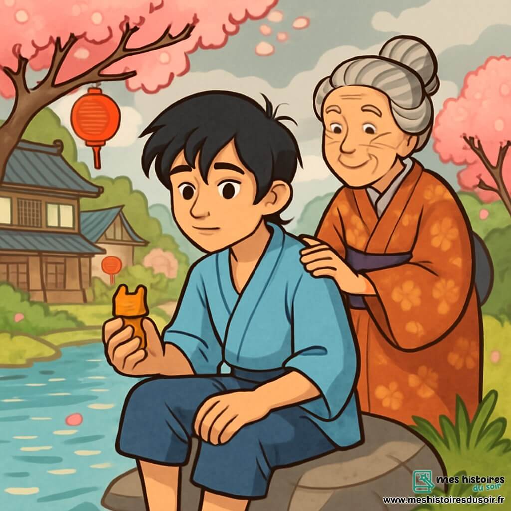 Yori, un jeune homme de seize ans, est assis sur une pierre au bord d'une rivière scintillante. Ses cheveux noirs tombent sur son front inquiet, et ses yeux brillent d'espoir et de curiosité. Il porte un kimono de lin bleu clair et tient un netsuke en forme de renard, regardant l'eau avec détermination. À ses côtés, grand-mère Chiyo, une femme âgée au dos voûté, l'observe avec bienveillance, posant une main sur son épaule pour lui transmettre sa sagesse. Le cadre est un village japonais pittoresque avec des maisons en bois et des lanternes rouges. La rivière, bordée de cerisiers en fleurs, reflète le ciel gris, créant une atmosphère paisible. Yori contemple la rivière tandis que Chiyo lui parle des mystères du vent et de la sagesse à venir, l'air étant chargé de promesses et d'émotion.