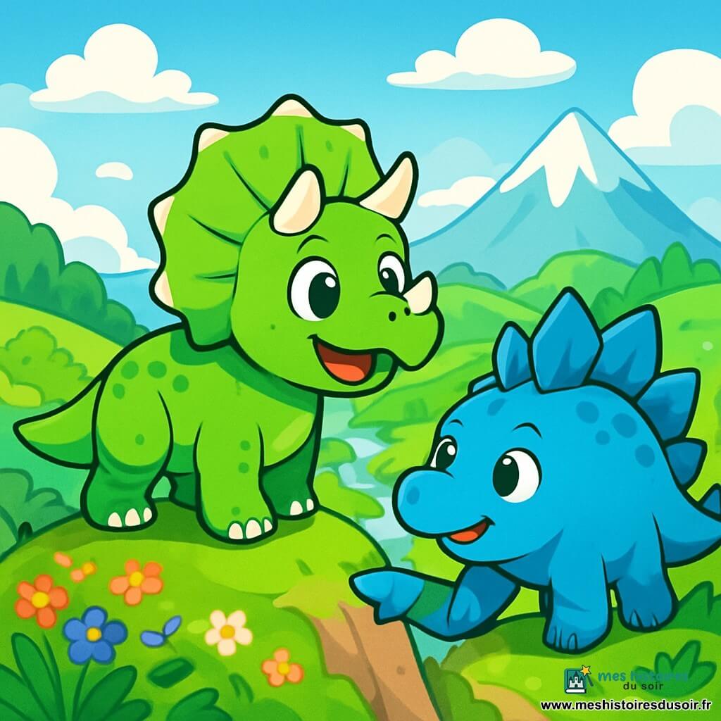 Un jeune tricératops nommé Tricéo, avec une peau verte éclatante et des cornes blanches, se tient au sommet d'une colline, émerveillé et curieux, tandis qu'un stégosaure nommé Glacius, aux plaques dorsales bleu cristallin et à l'expression amicale, l'encourage en pointant vers la vallée verdoyante. Le paysage est une vallée magnifique, avec des fleurs colorées, des cascades scintillantes et des montagnes enneigées sous un ciel bleu clair parsemé de nuages blancs. Tricéo et Glacius sont prêts à explorer ce nouveau monde, entourés de la beauté de la nature, dans une ambiance d'aventure et de découverte.