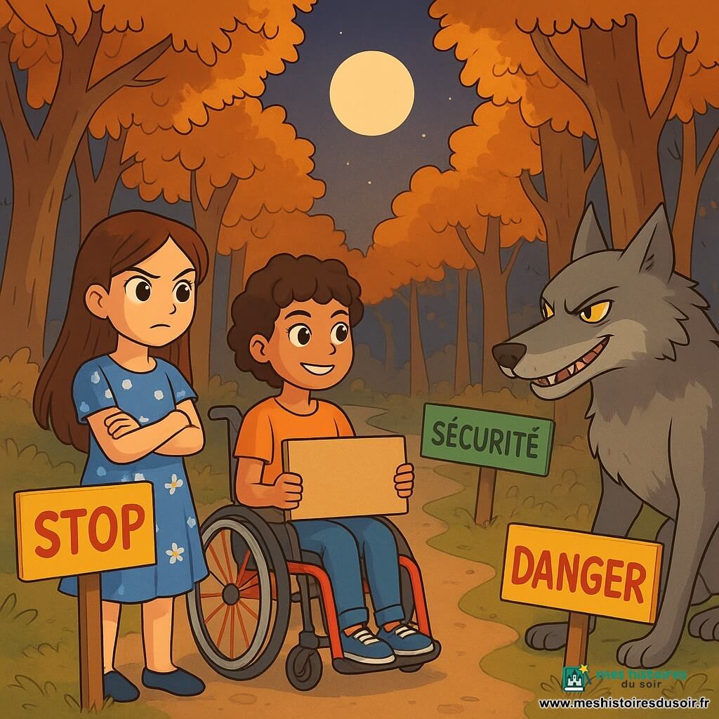 Trois personnages se trouvent dans la Forêt des Murmures : Noémie, une fille de 10 ans aux longs cheveux bruns et à la robe bleue à fleurs, se tient à gauche, déterminée face au loup. Mila, également âgée de 10 ans, est assise dans une chaise à roues brillante au centre, souriante, tenant un panneau en bois. Le loup, grand et rusé, se tient à droite, prêt à convaincre les filles. La scène est éclairée par la douce lumière de la lune, créant une ambiance mystérieuse, alors que les filles affichent des messages de protection face aux promesses séduisantes du loup.