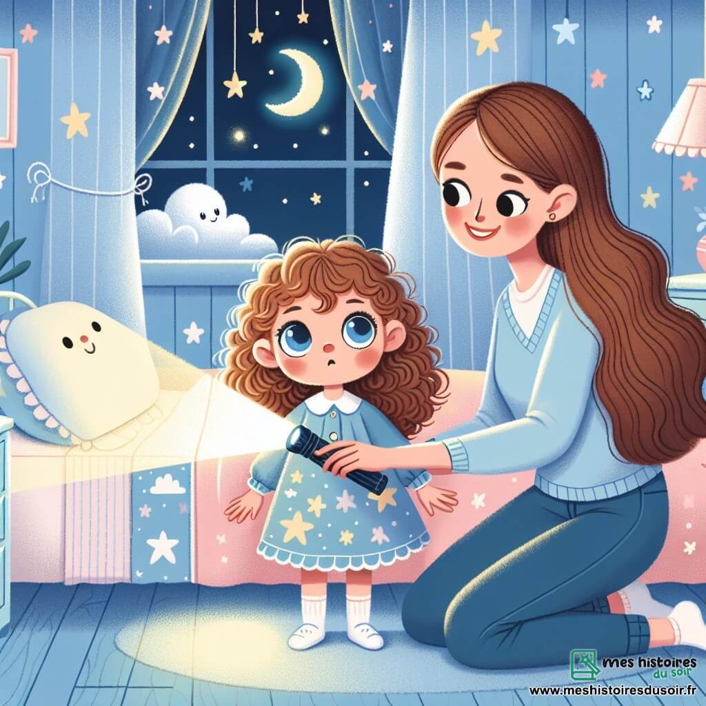 Lila, une petite fille de 4 ans aux grands yeux brillants et aux cheveux bouclés, se tient au centre de sa chambre, inquiète mais curieuse, tenant une lampe de poche qui éclaire des étoiles dessinées sur le mur. Sa maman, douce et d’environ 30 ans, s’agenouille à côté d'elle pour lui montrer comment la lumière chasse les ombres, lui souriant chaleureusement. La chambre, décorée de couleurs pastel avec des murs bleu clair et des rideaux à motifs de nuages, comprend un lit douillet recouvert d’une couverture étoilée et une veilleuse en forme de lune. Lila, un peu effrayée par le noir, se sent rassurée par la lumière de la lampe de poche et l’amour de sa maman, alors qu’elles dessinent des étoiles ensemble sur le papier.
