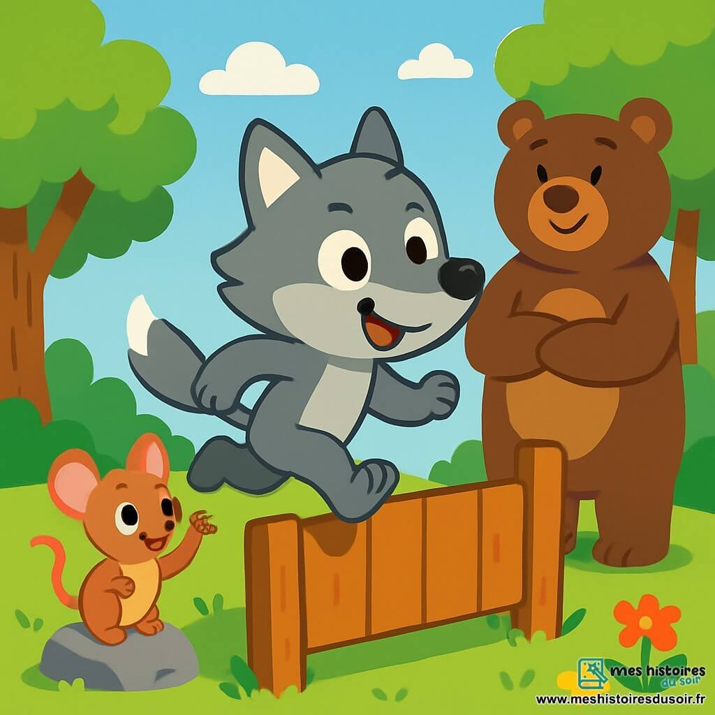 Un petit loup joyeux nommé Loulou, au pelage gris et aux yeux déterminés, se prépare à sauter par-dessus une haie en bois, souriant avec excitation. À côté, une petite souris, Mimi, l'encourage en levant une patte, perchée sur une pierre. Un grand ours, Bruno, se tient en arrière, souriant et prêt à applaudir. La scène se déroule dans une forêt verdoyante avec des arbres majestueux, des fleurs colorées et un ciel bleu. Loulou, courageux, prend son élan pour relever son défi, soutenu par ses amis.