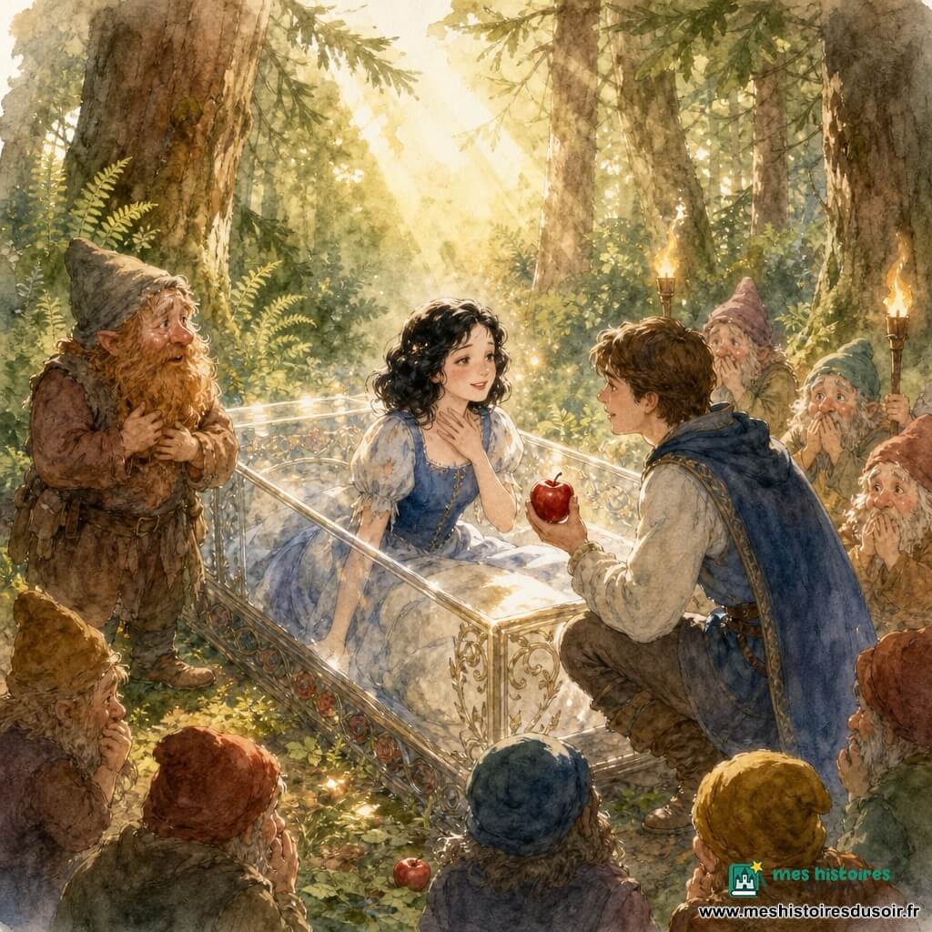 Blanche-Neige se réveille doucement dans un cercueil de verre au centre d'une clairière, yeux mi-clos et sourire timide, cheveux noirs bouclés, peau très pâle, robe bleue et blanche tachée de poussière, une pomme rouge glissant hors de sa gorge; le prince, jeune homme d'environ 22 ans, genoux près du cercueil, la regarde soulagé et émerveillé en tenant une pomme rouge brillante; un nain trapu à barbe rousse, les autres nains accroupis et stupéfaits tenant des torches, entourent la scène; la forêt dense de fougères et de pins baigne la scène d'un éclairage doré; style aquarelle délicat, couleurs douces et contours flous, atmosphère tendre et magique.