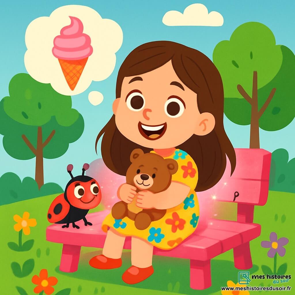 Une petite fille de 4 ans, nommée Lily, avec de longs cheveux bruns et des yeux pétillants, est assise sur un banc magique brillant de rose. Elle porte une robe à fleurs colorées et serre un doudou en forme d'ours, rayonnante de bonheur en pensant à une glace à la fraise. À côté d'elle, une coccinelle rouge souriante est prête à lui donner des conseils sur les émotions. Le décor est un parc verdoyant avec des arbres aux feuilles éclatantes et des fleurs multicolores. Lily, pleine de joie, réalise que les émotions changent alors qu'elle s'apprête à se lever du banc pour rentrer chez elle, le cœur léger et le sourire aux lèvres.