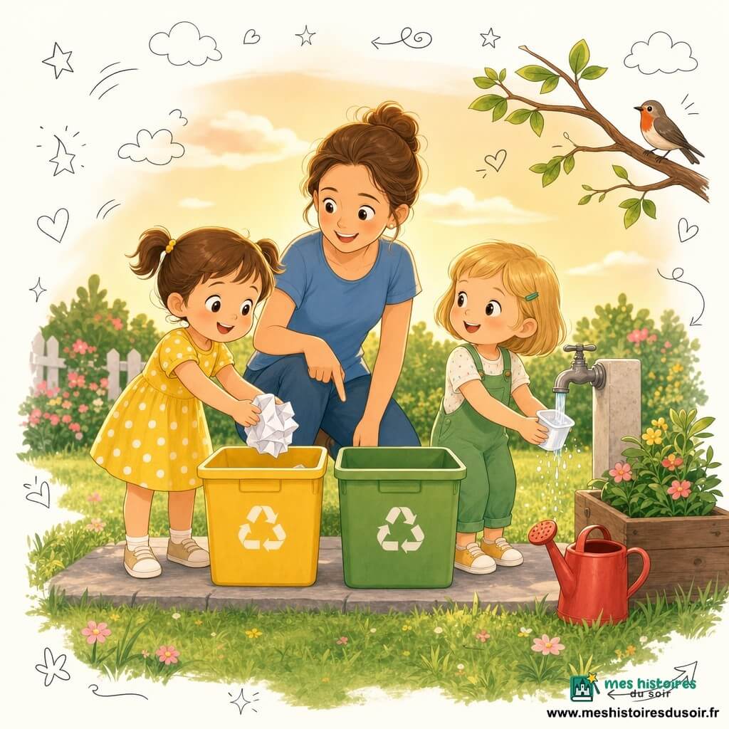 Trois personnages dans un jardin en fin d'après-midi : Lila, 3 ans, cheveux bruns en couettes, robe jaune à pois blancs, glisse un papier froissé dans le bac jaune ; Zoé, 3 ans, cheveux blonds courts, salopette verte, tient une boîte de yaourt rincée sous un filet d'eau et regarde Lila ; Maman, 30 ans, cheveux attachés, t-shirt bleu, les guide en souriant près d'un bac vert, d'un arrosoir rouge et de petites fleurs sous un ciel orangé.