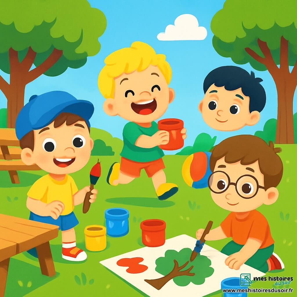 Quatre enfants sont présents : Lucas, 3 ans, cheveux bruns, casquette bleue, t-shirt jaune, souriant avec un pinceau ; Hugo, 3 ans, cheveux blonds, t-shirt vert, sautillant avec un pot de peinture rouge ; Max, 3 ans, cheveux châtains, lunettes rondes, t-shirt orange, assis en train de peindre un arbre ; Tom, 3 ans, cheveux noirs, t-shirt bleu clair, tenant un ballon coloré. Ils se trouvent dans un parc ensoleillé, entourés de verdure, avec des tables en bois et des pots de peinture. Les enfants peignent ensemble, riant et s'amusant, créant une atmosphère joyeuse.