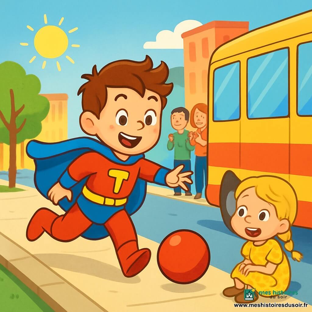 Un super-héros nommé Tom, portant une cape bleue et un sourire joyeux, court après un ballon rouge qui roule. À côté de lui, une petite fille de 6 ans, avec des cheveux blonds tressés et une robe jaune à pois, l'observe avec émerveillement. La scène se déroule dans une rue animée, sous un ciel bleu et ensoleillé, avec des bâtiments colorés et des passants souriants. Tom tente d'attraper le ballon avant qu'il ne roule sous un bus, tandis que les gens autour applaudissent, créant une ambiance festive.