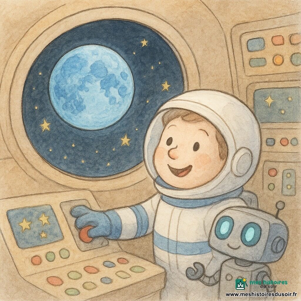 Un astronaute joyeux et émerveillé appuie doucement sur un bouton en regardant la Lune bleue par une grande fenêtre ronde; il porte un casque blanc brillant, une combinaison avec bandes bleues et des gants épais, son visage souriant visible derrière la visière; à sa droite, un petit robot nommé Pip, de la taille d'un panier, au corps métallique mat et aux yeux bleu-vert lumineux, clignote près du tableau de commandes; l'intérieur de la fusée, chaleureux, présente panneaux colorés, boutons rouges et verts et écrans étoilés, tandis que la fenêtre ovale montre une Lune bleue texturée et des étoiles dorées; la scène montre l'homme préparant le tir, contemplant la Lune dans une lumière douce et une atmosphère calme et pleine d'émerveillement.