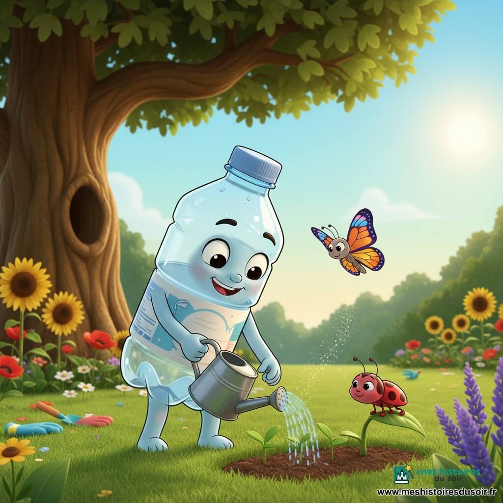 Camille, une petite bouteille d'eau anthropomorphe bleu pâle au large sourire, arrose délicatement de jeunes pousses avec un arrosoir en métal, entourée de ses amis Lili la coccinelle rouge à pois noirs et Paul le papillon multicolore, tandis qu'un vieux chêne rassurant se dresse en arrière-plan et que le jardin en lisière de forêt, parsemé de fleurs vives, baigne sous un doux soleil matinal ; ambiance optimiste, couleurs saturées et éclairage chaud.