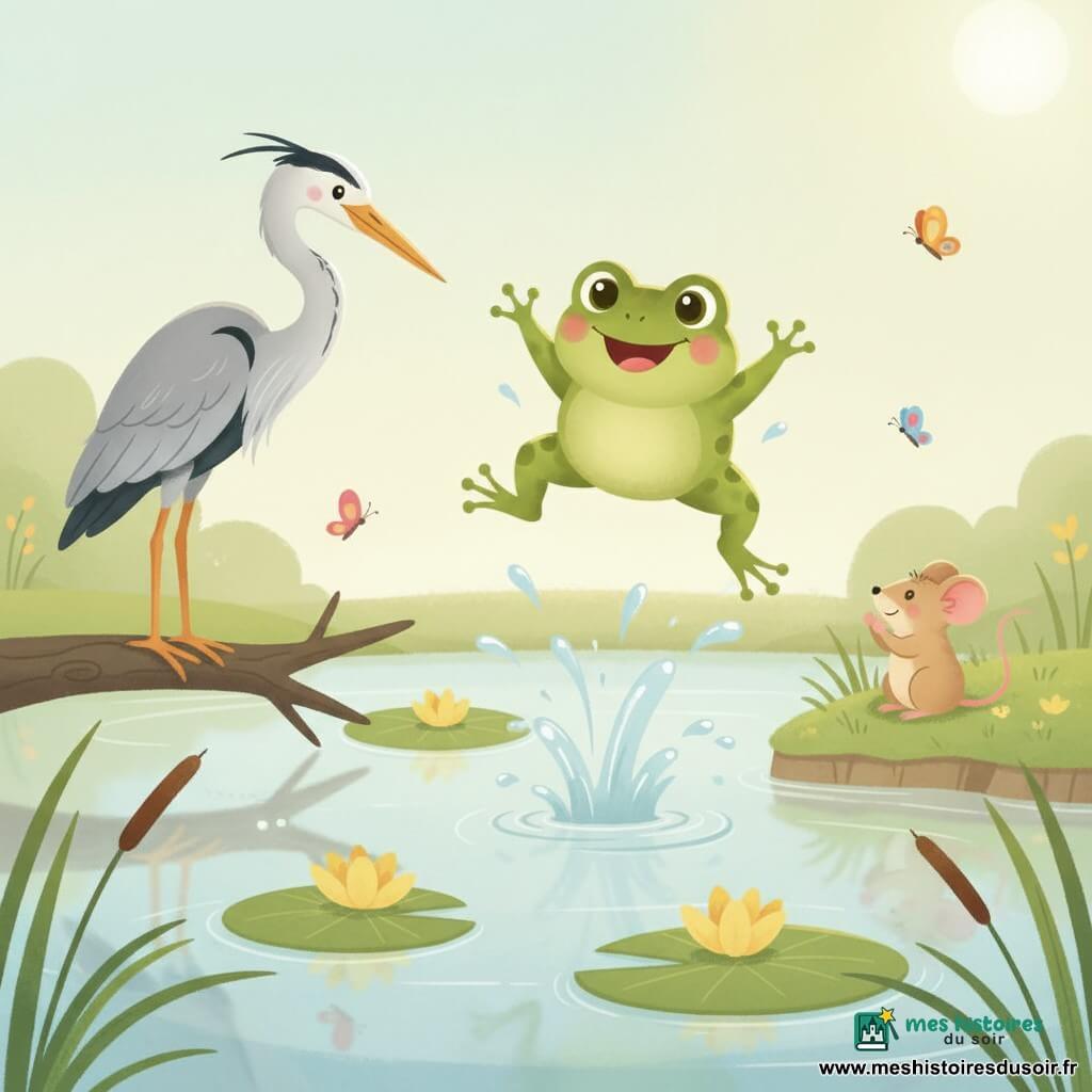 Petite grenouille verte ronde saute joyeusement au-dessus d’un étang ensoleillé, un héron gris sur une branche à gauche la regarde bienveillant et une souris beige à droite applaudit, nénuphars, fleurs et papillons ajoutent une ambiance chaleureuse et lumineuse.