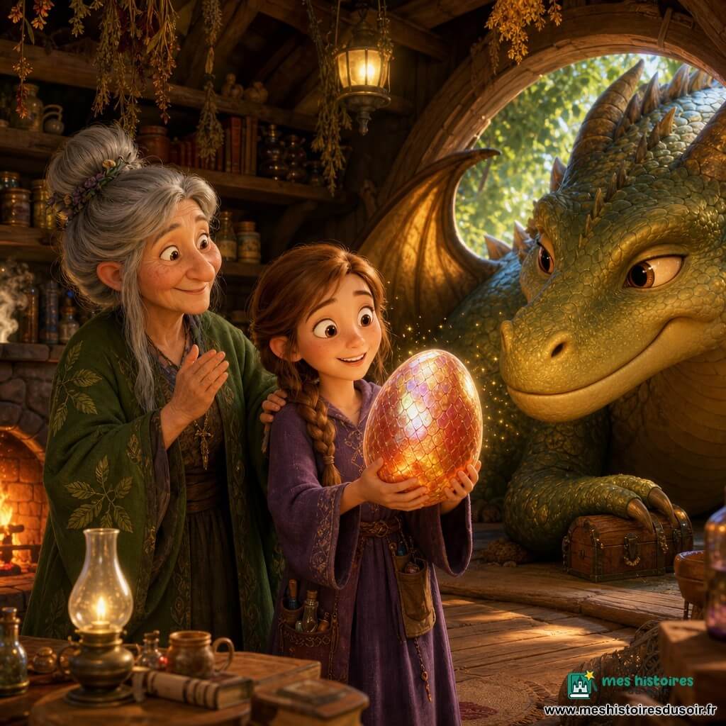 Une apprentie sorcière d'environ 8 ans, souriante et émerveillée, cheveux châtain clair en tresses, robe violette simple avec des poches pleines de petits flacons, tient délicatement un grand œuf de dragon nacré aux reflets rouge-orange ; une vieille sorcière d'environ 70 ans au visage ridé mais bienveillant, cheveux gris en chignon et robe verte à motifs de feuilles, applaudit doucement en posant une main rassurante sur l'épaule d'Alice près d'une table en bois ; un dragon adulte, énorme mais doux, aux écailles vertes et dorées brillantes et yeux ambrés, est enroulé à l'arrière-plan devant l'entrée de la chaumière avec une patte près d'un petit coffre ; lieu : petite chaumière en bois au cœur d'une forêt lumineuse, cheminée fumante, étagères de bocaux et grimoires, lampes à huile et herbes séchant au plafond ; situation : moment joyeux et tendre où l'apprentie revient avec l'œuf et reçoit la bénédiction de la vieille sorcière, ambiance cosy, couleurs chaudes, textures douces et petites étincelles magiques autour de l'œuf.