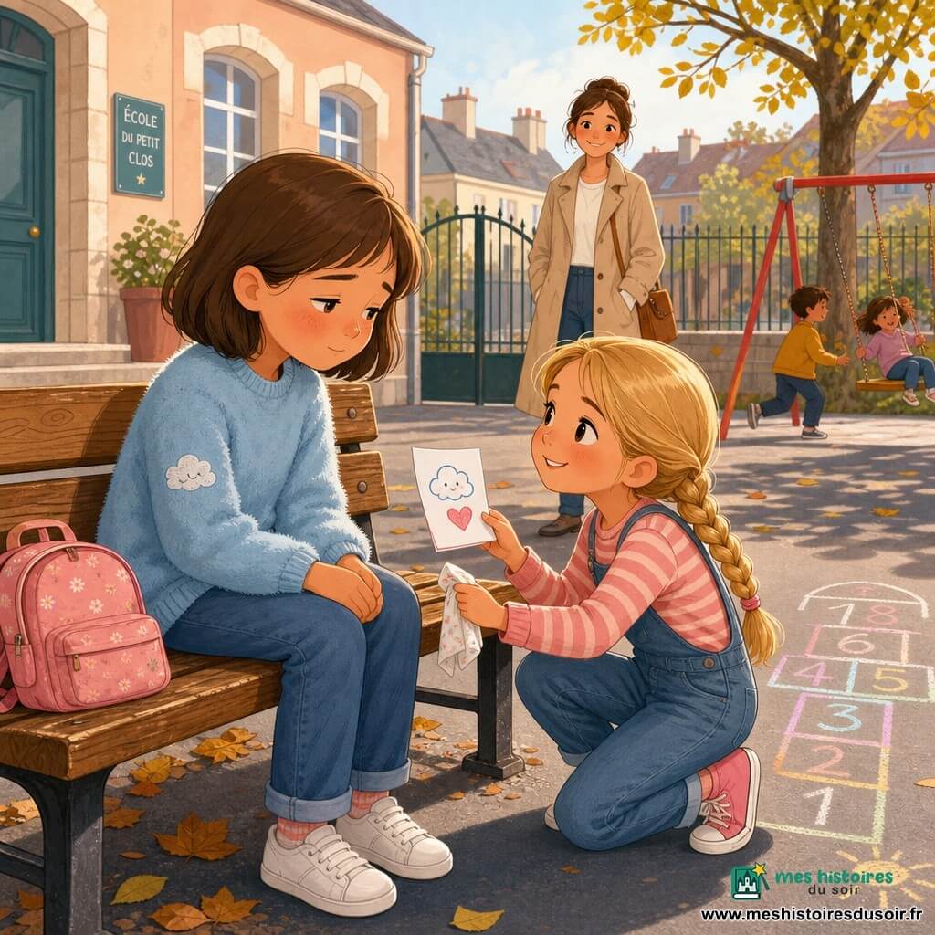 Louise, 10 ans, l’air fatigué mais apaisé, joues rosées, yeux mi-clos et cheveux bruns au carré, est assise sur un banc en bois, mains sur les genoux, vêtue d’un pull bleu ciel avec un petit nuage brodé; Zoé, 10 ans, blonde en tresse et souriante, agenouillée à côté d’elle, lui tend un dessin (un nuage souriant et un cœur) et un mouchoir en geste d’amitié; la maman de Louise, vers 35 ans, cheveux châtains attachés et manteau léger, se tient en retrait près de la grille de l’école, souriante et rassurante; la cour de récréation présente un sol en bitume clair avec une marelle à la craie, une balançoire, des bâtiments aux tons pastel et un arbre, la lumière du matin crée des ombres nettes et une atmosphère tendre et protectrice.