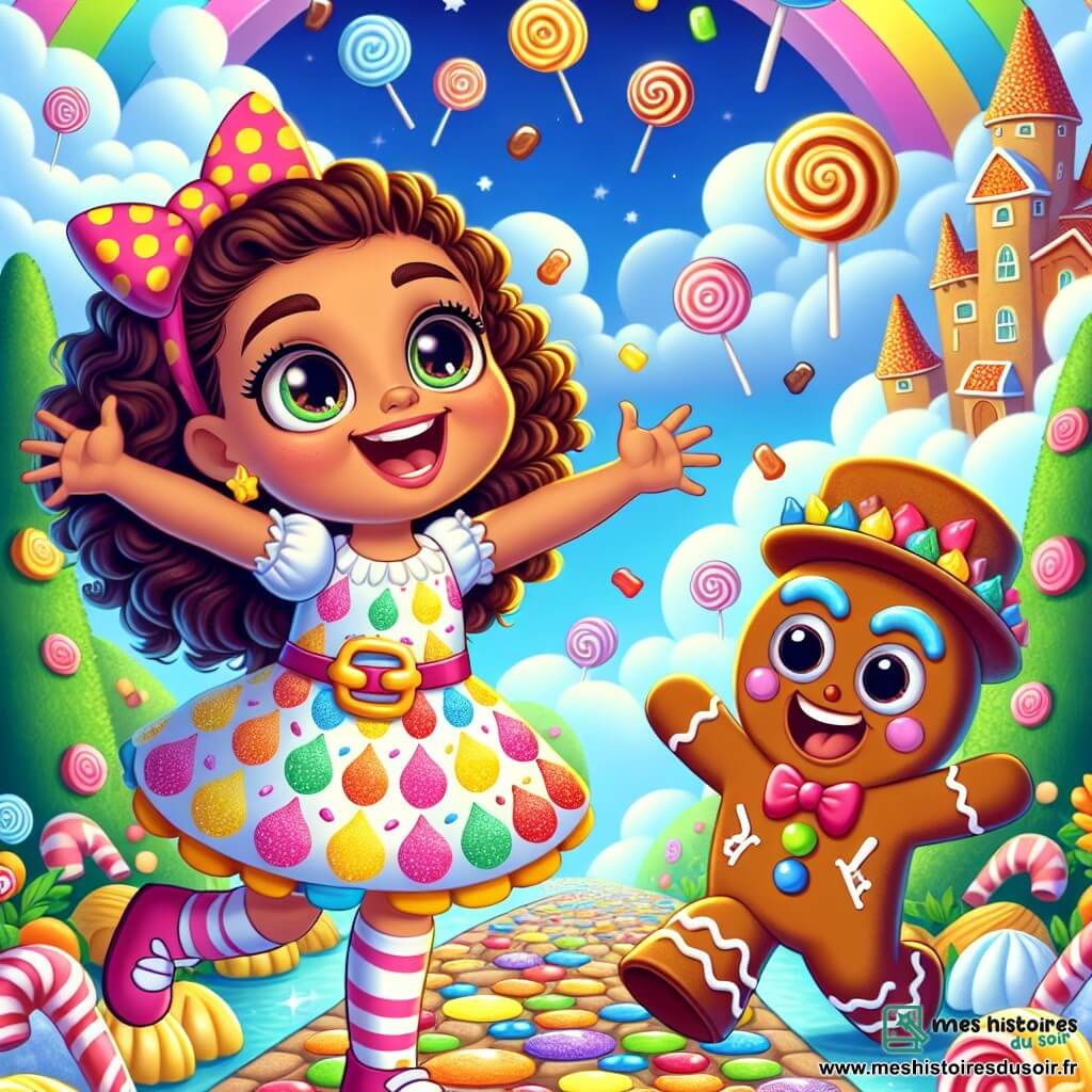 Une fille de 12 ans, Léa, avec des cheveux bruns bouclés et des yeux curieux, se tient au milieu d'un chemin de marshmallows. Elle porte une robe colorée à motifs de bonbons et sourit largement, les bras ouverts. À ses côtés, Monsieur Croquant, un bonhomme en pain d'épices avec un chapeau en caramel, saute de joie. En arrière-plan, un château en pain d'épices brille sous un ciel bleu avec des nuages en barbe à papa, tandis qu'une rivière de chocolat chaud serpente à travers des collines de crème chantilly. La scène montre Léa et Monsieur Croquant s'amusant ensemble, entourés de créatures fantastiques, sous une pluie de bonbons colorés, créant une atmosphère joyeuse et magique.