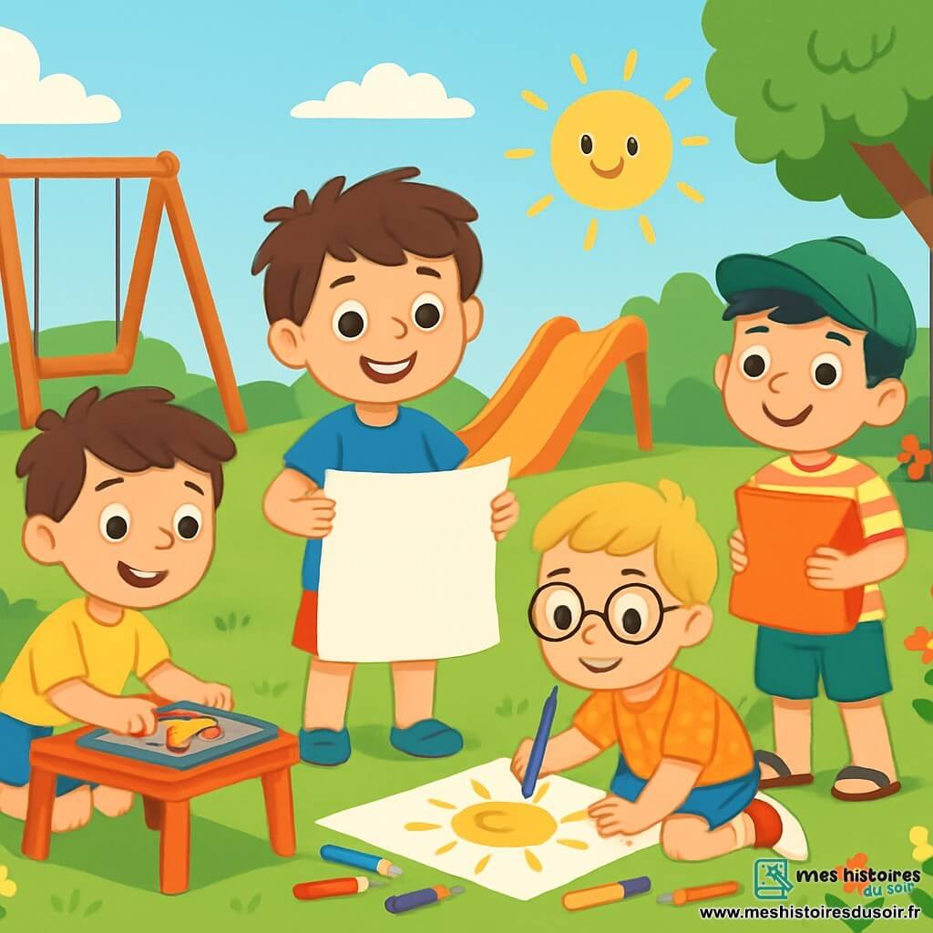 Quatre enfants sont réunis dans le jardin ensoleillé de Tom. Tom, 8 ans, cheveux bruns, souriant, tient un rouleau de papier. Maxime, 7 ans, cheveux blonds, lunettes rondes, dessine un soleil assis par terre. Léo, 9 ans, cheveux noirs, casquette verte, est debout à droite avec un coussin pour construire un château. Sami, 8 ans, cheveux châtains, prépare des biscuits sur une table à gauche. Ils s'activent à préparer une surprise pour les parents de Tom, entourés de fleurs colorées et d'une ambiance joyeuse.
