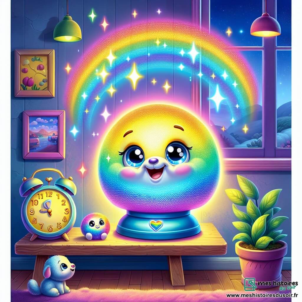 Au centre de l'image, une lampe nommée Lila brille de plusieurs couleurs : bleu, jaune, rose et vert. Elle est ronde, souriante, et perchée sur une étagère en bois, illuminant les murs de arcs-en-ciel scintillants. À côté, un réveil nommé Max, amical et avec des aiguilles dorées, fait "tic-tac" en admirant Lila. Plus bas, une plante verte nommée Zoé, émerveillée, se balance doucement. Le salon est chaleureux, avec des murs pastel et un tapis moelleux, tandis qu'une lumière lunaire ajoute de la magie à la scène. Lila crée un arc-en-ciel éclatant, tandis que Max et Zoé l'observent avec émerveillement, célébrant la beauté de sa lumière.