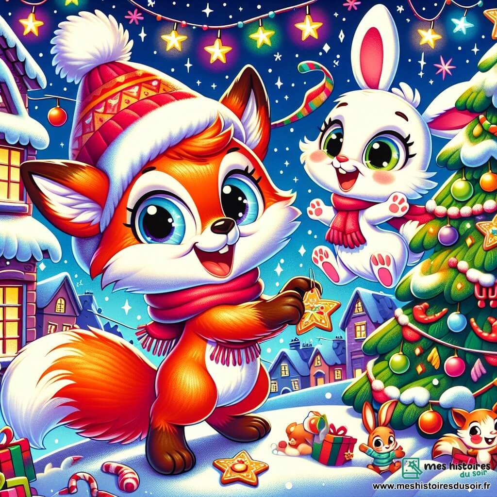 Rouxy, un petit renard au pelage roux et aux yeux pétillants, porte une écharpe rouge et un bonnet à pompon. Il sourit en accrochant une guirlande colorée autour d'un grand sapin de Noël. À ses côtés, Louna la lapine, au pelage blanc et aux grandes oreilles, saute de bonheur avec un biscuit en forme d'étoile. Le décor est un village enneigé avec des maisons aux toits couverts de neige, des lumières scintillantes et un ciel étoilé. Rouxy et Louna, entourés d'amis, décorent le sapin dans une ambiance festive.