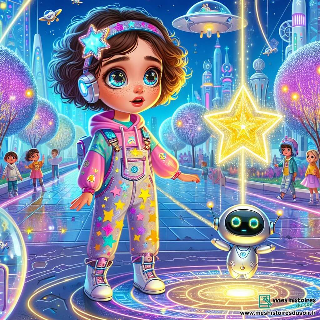 Une petite fille de 7 ans, Lila, aux longs cheveux bruns et aux yeux curieux, se tient au centre d'une scène futuriste. Elle porte une combinaison colorée avec des motifs d'étoiles et un petit sac à dos en forme de robot. Son visage exprime l'émerveillement devant un hologramme en forme d'étoile qui flotte devant elle. À ses côtés, un petit robot nommé Spark, avec un corps argenté et des yeux lumineux, projette des images holographiques de la ville. Plus loin, un hologramme nommé Stella, ressemblant à une étoile scintillante, guide Lila avec une voix douce. La scène se déroule dans le parc central de Néotopia, un endroit vibrant avec des arbres luminescents et des sculptures futuristes. Des voitures volantes passent au-dessus, tandis que des enfants jouent avec des drones colorés. Lila, fascinée, appuie sur un bouton lumineux, déclenchant des hologrammes dansants autour d'elle, créant une atmosphère magique.