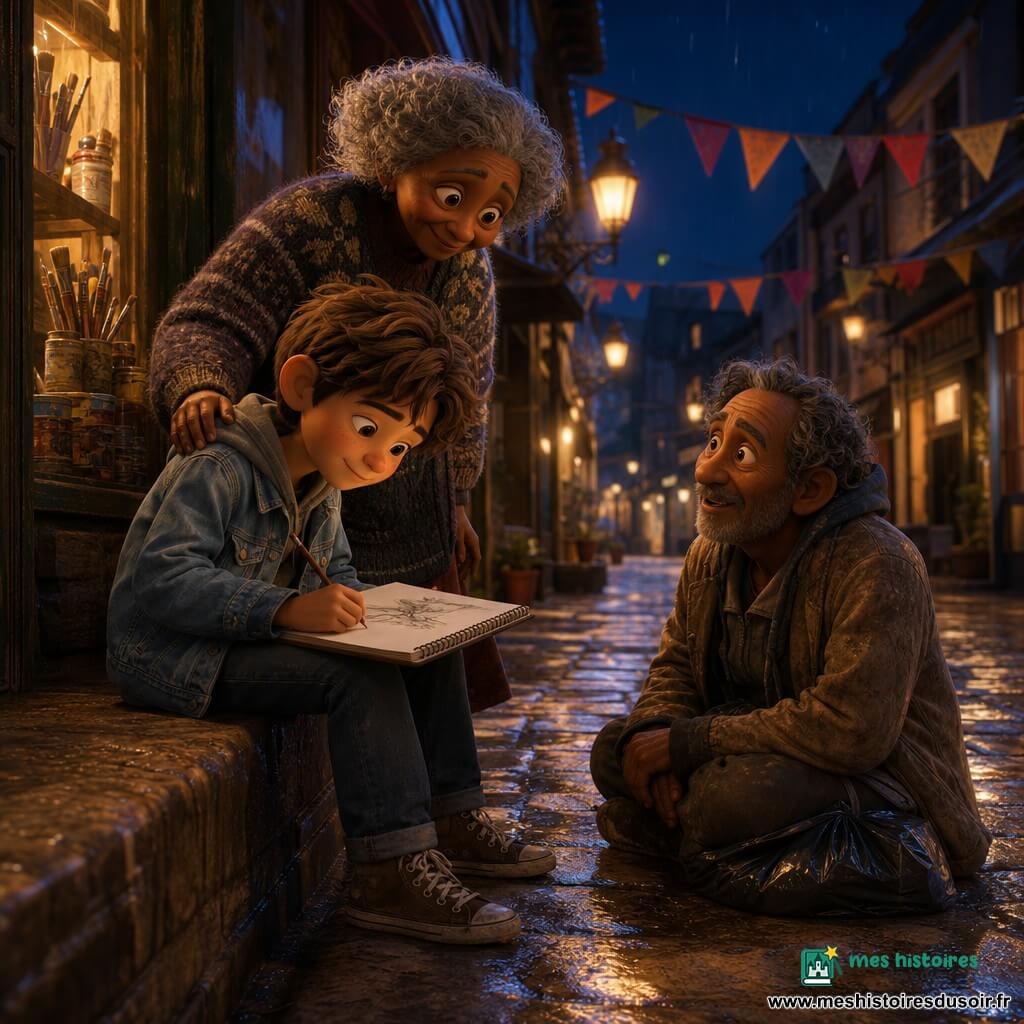 Léo, un garçon d’environ 11 ans assis sur un petit muret, visage concentré et tendre, sourire timide, cheveux châtain clair en mèches désordonnées, veste en jean légère, carnet de dessin ouvert sur les genoux et crayon graphite à la main, penché vers la page; Mamie, femme d’environ 70 ans, debout en retrait, cheveux gris bouclés et pull à motifs, main posée sur l’épaule de Léo en soutien discret; un homme d’environ 60 ans assis sur un sac en plastique sur le trottoir, manteau usé, posture calme et légèrement courbée, regard doux mais fatigué, observant Léo avec surprise; lieu : trottoir du quartier des Arts la nuit, pavés brillants de pluie, lampadaires jaunes chauds, fanions colorés entre les bâtiments et devanture d’atelier éclairée avec pots de peinture visibles; situation : Léo dessine l’homme à la lueur tamisée des lampadaires, traits de crayon visibles, ombres longues, atmosphère intime et chaleureuse aux tons de bleus profonds, ocres chauds et touches de lumière dorée.