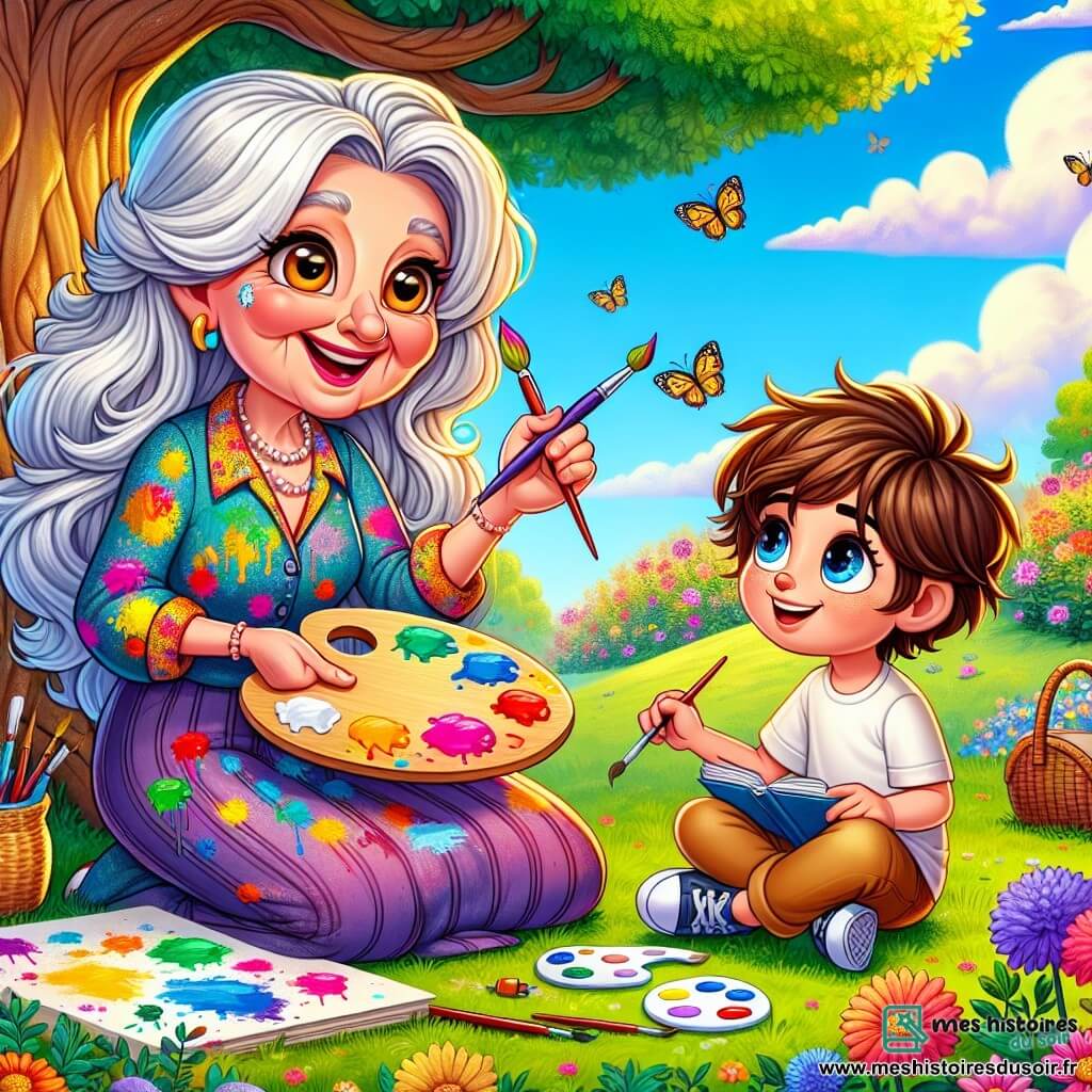 Madame Lila est une femme âgée avec de longs cheveux argentés et un sourire chaleureux. Elle porte une blouse colorée, pleine de taches de peinture, et tient un pinceau tout en mélangeant des couleurs sur une palette. Son visage exprime la joie de l'art. Tom, un garçon d'environ huit ans avec des cheveux bruns en bataille et des yeux pétillants, est assis sur l'herbe, tenant un crayon et un carnet de dessin, émerveillé par Madame Lila. La scène se déroule dans un parc ensoleillé, rempli de fleurs et d'arbres majestueux, sous un ciel bleu parsemé de nuages. Madame Lila et Tom peignent ensemble sur une grande toile, entourés de pots de peinture, riant et échangeant des idées, illustrant leur amitié et leur passion pour l'art.