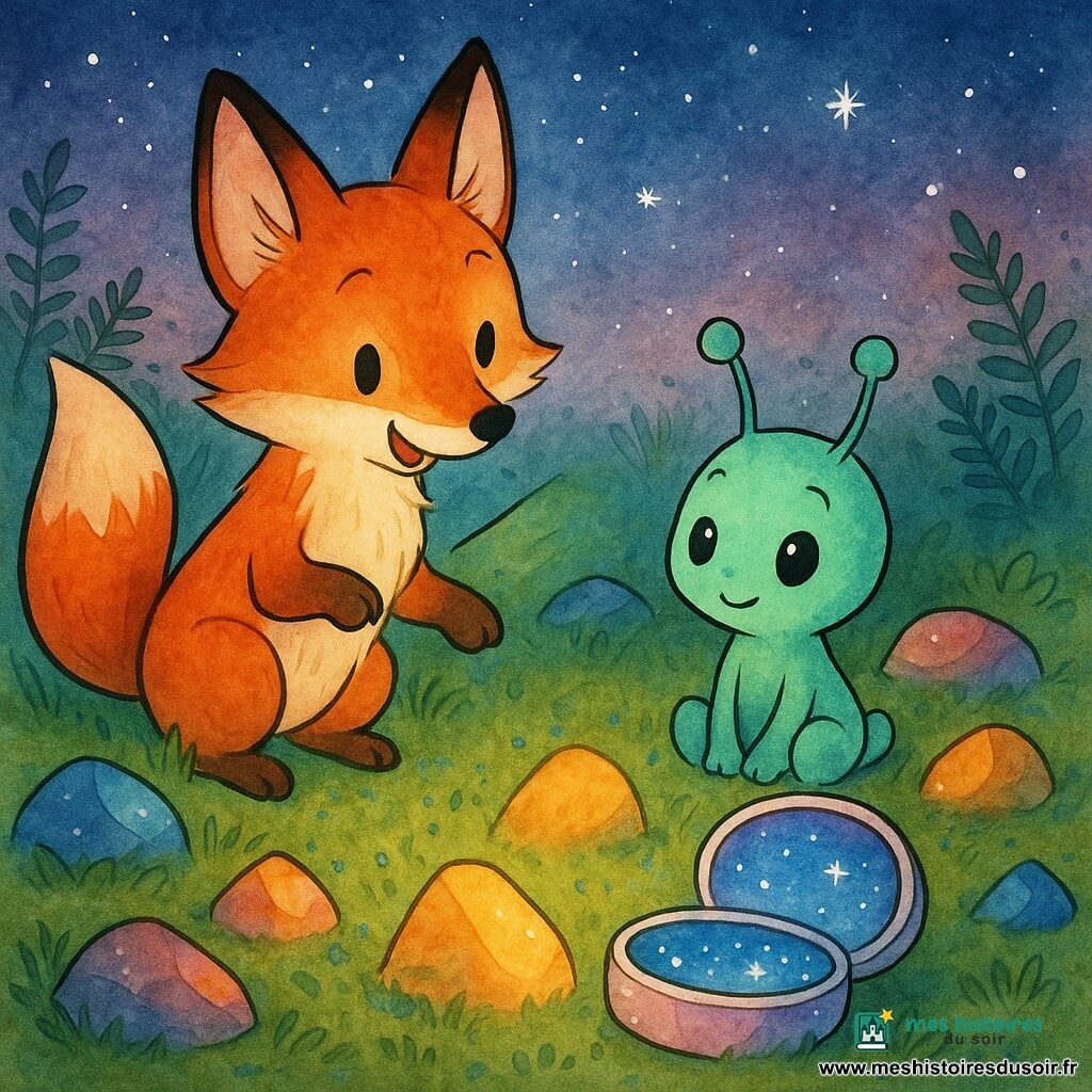 Renard roux au pelage lumineux, oreilles fines et grande queue touffue, tenant un petit dessin et pointant du museau un rocher qui s’allume ; petit extraterrestre vert menthe taille lapin, antennes frémissantes et grands yeux émerveillés, assis près d’une boîte ronde ouverte à surface nacrée qui émet une douce lumière bleue et clignote comme un petit vaisseau ; plaine aux rochers lumineux, herbe verte, mousse et fougères, ciel crépusculaire étoilé ; scène complice où le renard et l’extraterrestre apprennent à compter pour réveiller un rocher éteint, atmosphère chaleureuse et magique, rendu en encre noire nette et lavis aquarelle aux couleurs vives avec lumière intérieure des pierres accentuée.