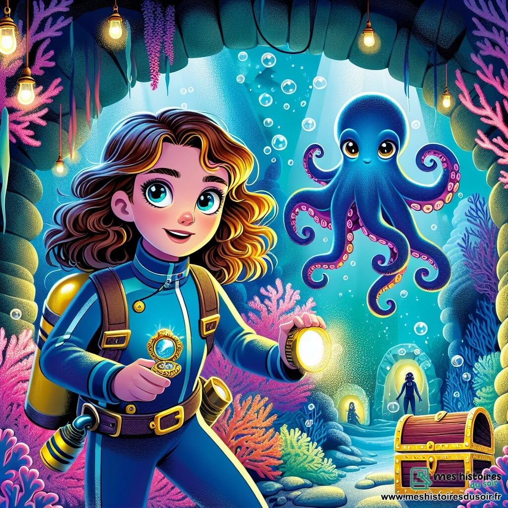Mila, une fille de 12 ans aux cheveux bruns et ondulés, porte une combinaison de plongée bleu marine. Son visage exprime détermination et curiosité alors qu'elle tient une lampe torche et un médaillon. À ses côtés, Otho, un poulpe bleu éclatant, flotte dans l'eau avec une posture amicale. Ils se trouvent dans une grotte sous-marine majestueuse, illuminée par des parois de corail phosphorescent. Des bulles d'air créent une atmosphère magique. Devant une porte de pierre ornée de symboles mystérieux, Mila est prête à résoudre une énigme pour atteindre la Perle d’Ambre, tandis qu'une lueur dorée émane d'un coffret au centre de la salle.