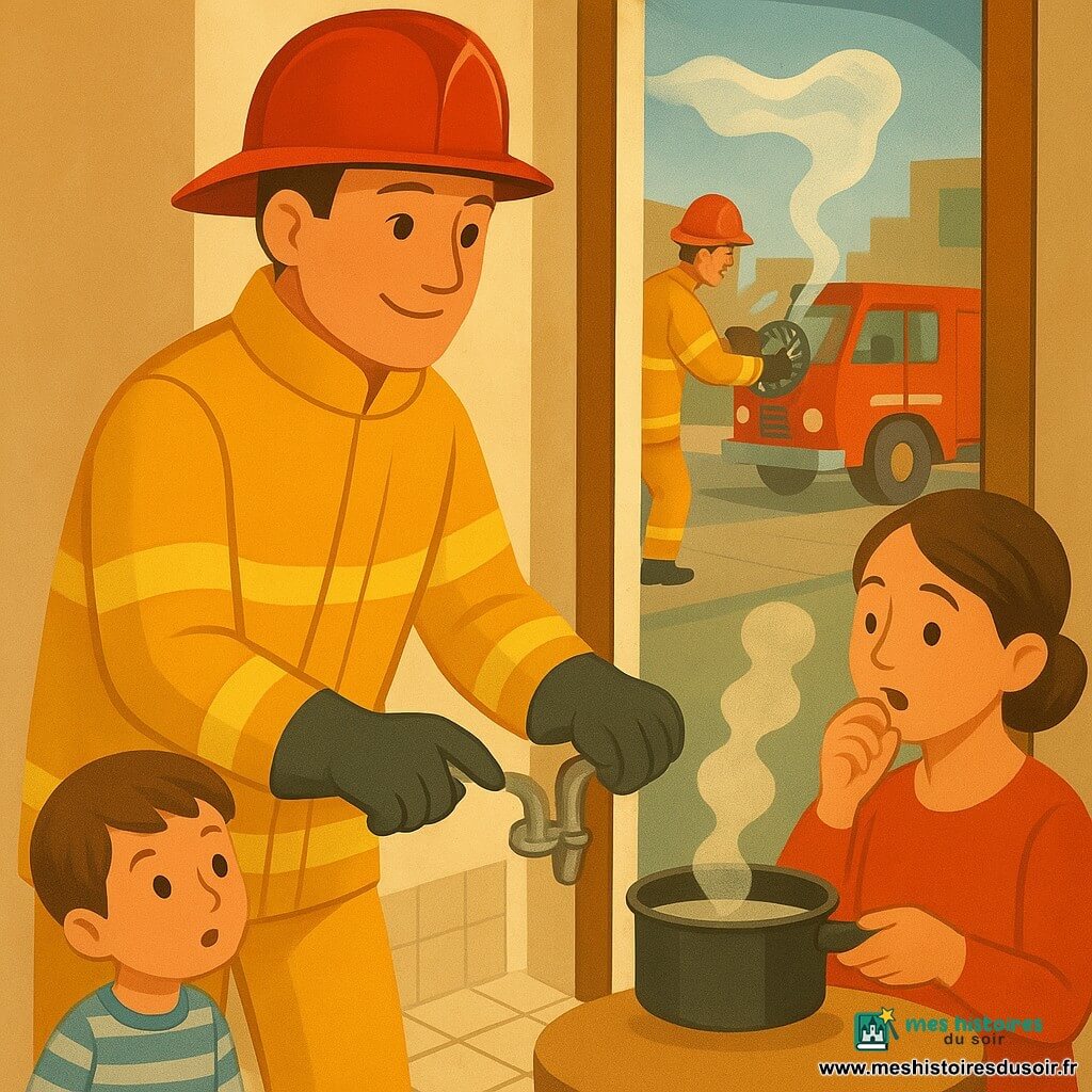Un pompier calme et rassurant au visage souriant et casque rouge coupe la manette du gaz et ouvre grand la fenêtre pour aérer; un garçon d'environ 5 ans, Léo, en pyjama rayé, l'observe, une voisine au cheveux attachés tousse légèrement en souriant en tenant une casserole fumante sur le pas de la porte, un autre pompier en arrière-plan oriente un petit ventilateur vers la fenêtre; la scène se déroule dans une cuisine simple et chaleureuse (carrelage clair, table ronde, rideau à fleurs flottant) donnant sur la rue où l'on devine un camion rouge à gyrophares, atmosphère douce et sécurisante, couleurs chaudes et formes arrondies.