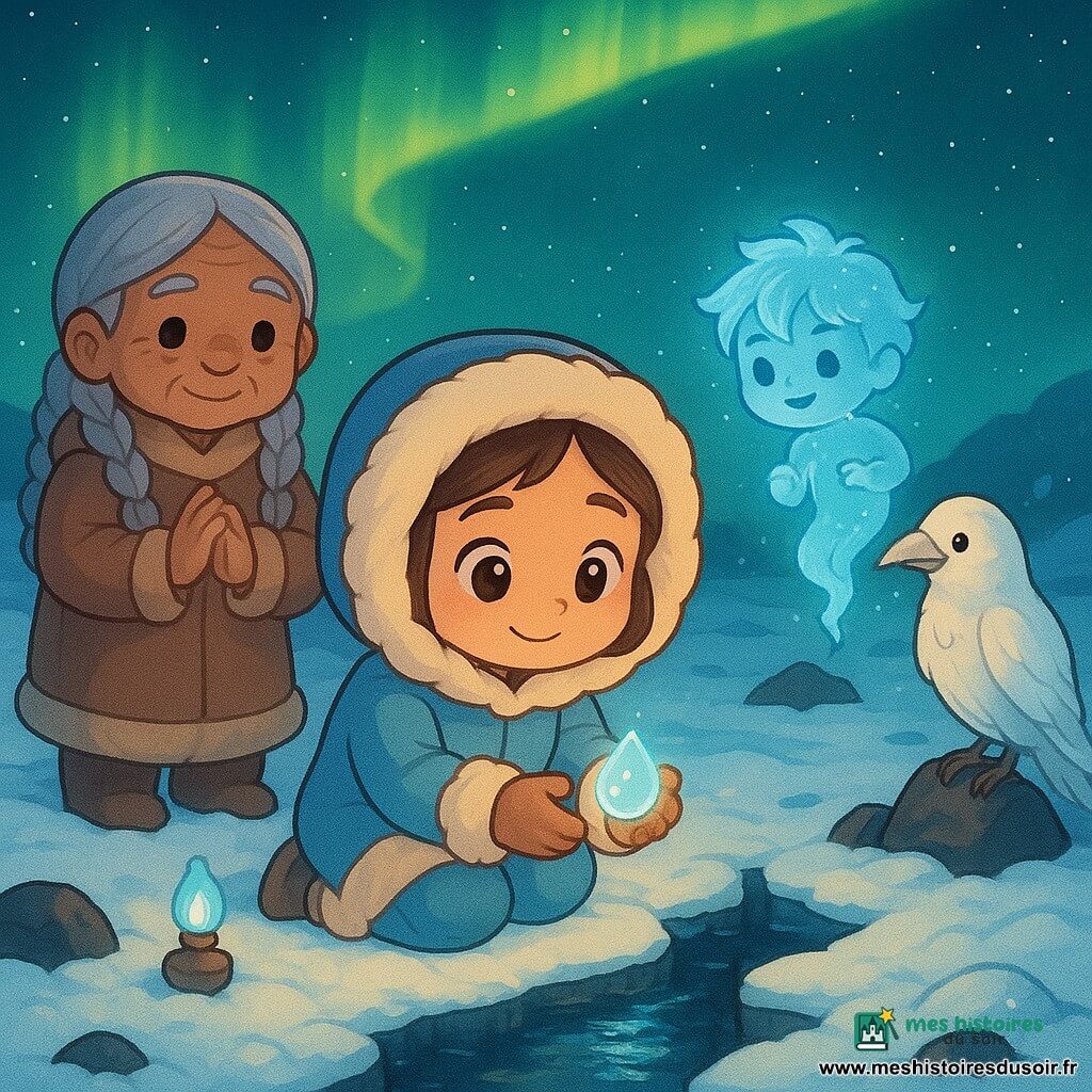 Aila, jeune femme inuit au visage rond et souriant malgré sa concentration, en parka bleu pâle bordée de fourrure crème, genoux dans la neige, tient une petite goutte translucide scintillante au-dessus d'une fissure de la banquise prête à la poser; Anaana Sila, chamane d'environ 60 ans aux cheveux argentés en tresses et au visage ridé mais chaleureux, se tient en retrait à gauche, mains jointes, fière et soulagée; Ukaliq, esprit espiègle en garçon de brume bleue et givre, flotte au-dessus de la fissure, curieux; Tarqaq, grand corbeau blanc aux plumes lumineuses, est perché sur un rocher à droite avec une perle de glace dans le bec; la scène se déroule sur une banquise nocturne sous une aurore verte et dorée, neige bosselée et roches noires, une large fente sombre exhale un souffle glacé et une petite mare reflète l'aurore; moment tendre et magique où Aila pose la larme de Sedna pour refermer la cicatrice de la terre, ambiance paisible aux couleurs froides rehaussées par la flamme bleue de sa lampe et la chaleur brillante de la larme, style mignon aux traits arrondis et textures neigeuses détaillées.