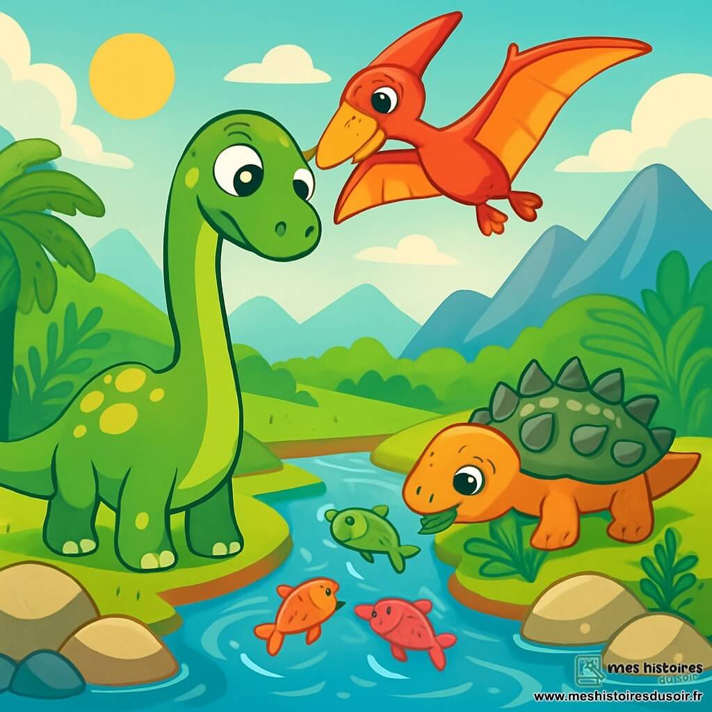 Un jeune diplodocus nommé Dino, avec une peau verte et des taches jaunes, se tient au bord d'une rivière scintillante, curieux des poissons colorés qui sautent. Un ptérodactyle aux ailes brillantes et un petit ankylosaure grignotant des fougères l'observent. Le décor est une vallée verdoyante entourée de montagnes, avec des fougères géantes et des rochers brillants. Dino, intrigué, est prêt à explorer ce nouvel environnement fascinant.