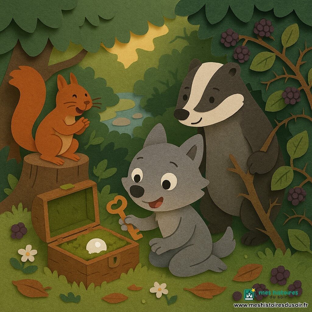 Petit Loup, jeune loup anthropomorphe au pelage gris et tache blanche sur le front, yeux ronds et sourire émerveillé, est agenouillé devant une boîte de mousse ouverte contenant une petite pierre blanche lumineuse et un rouleau de papier, tenant une clé en bois; à gauche, un petit écureuil roux perché sur une souche applaudit, à droite un blaireau noir et blanc au regard bienveillant tient une branche-crochet pour écarter les ronces; le buisson de mûres est dense avec feuilles vert foncé, mûres pourpres brillantes et quelques fruits tombés, le sol est couvert de mousse verte, feuilles brunes et petites fleurs blanches, un ruisseau aux galets scintille en arrière-plan, la lumière douce filtre en taches de soleil et la palette chaude de verts, bruns, rouges et violets crée une scène simple, lisible et pleine d'émerveillement pour les enfants.