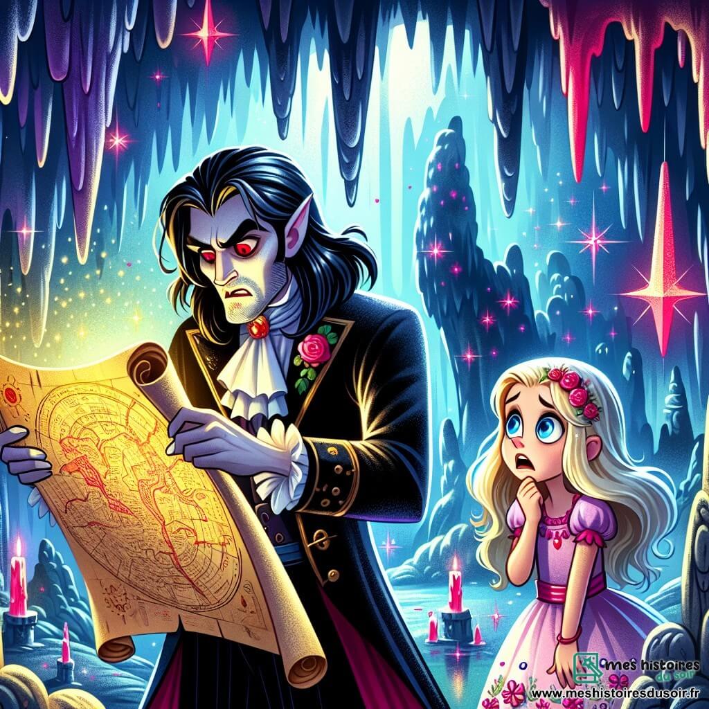 Un vampire aux longs cheveux noirs et aux yeux rouges, vêtu d'une robe noire, se tient dans une grotte, inquiet et déterminé, examinant une ancienne carte. Une lueur mystérieuse émane des stalactites au-dessus de lui. Près de là, une petite fille de 8 ans, Lily, aux cheveux blonds, observe le vampire avec curiosité depuis derrière une stalagmite. Elle porte une robe rose à motifs floraux et semble à la fois effrayée et fascinée. La grotte, remplie de stalactites et stalagmites brillantes, crée une ambiance magique. Le vampire cherche désespérément la Prophétie de la Lune Rouge, tandis que Lily hésite à intervenir.