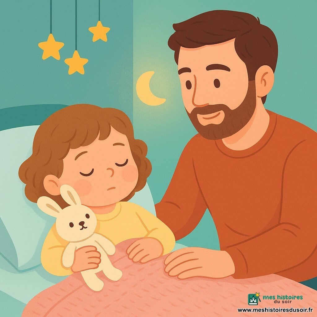 Fille de 2 ans au visage rond et joues roses, cheveux bouclés châtain clair, en position de « yoga du chat » partiellement allongée sur le lit, tenant contre sa joue un petit doudou lapin crème aux yeux brodés et une main sur le ventre en respirant calmement; à droite, le père d'environ 35 ans, barbe douce et cheveux bruns courts, assis au bord du lit, souriant et rassurant, main posée sur le ventre de la fillette; chambre petite et cosy aux teintes pastel avec veilleuse lune, couverture tricotée et mobile d'étoiles, atmosphère sereine et textures douces.