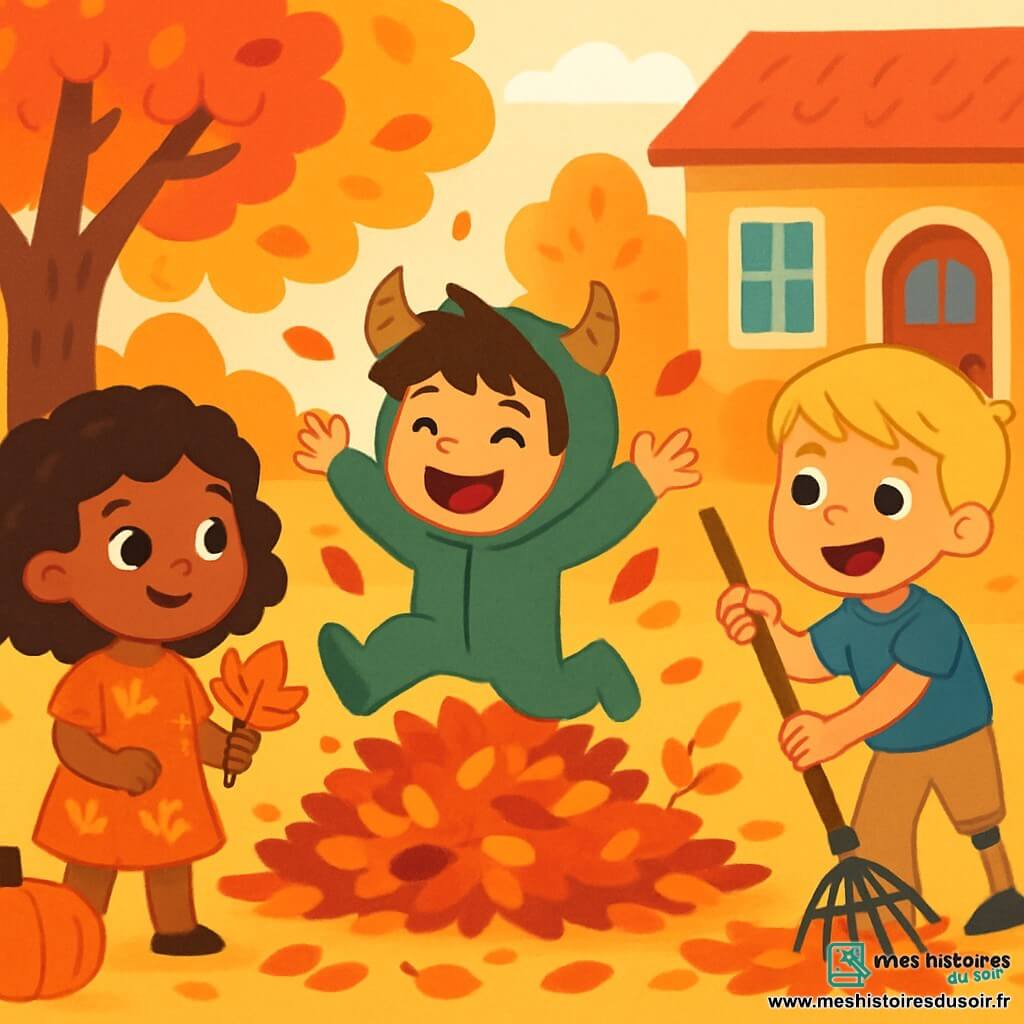 Il y a trois personnages : Mia, une fillette de 7 ans aux cheveux bouclés et aux yeux pétillants, portant une robe orange avec des motifs de feuilles et tenant une feuille dorée ; Lucas, un garçon de 6 ans avec un sourire contagieux et des cheveux bruns en bataille, déguisé en petit monstre avec un costume vert et des cornes en papier, sautant sur un tas de feuilles ; et Sam, un garçon de 8 ans aux cheveux blonds avec une prothèse à la jambe, portant un t-shirt bleu et un pantalon beige, ramassant des feuilles avec un râteau. L'action se déroule dans un jardin d'automne coloré, avec des arbres aux feuilles éclatantes et un sol recouvert de feuilles croustillantes. Les enfants rient et s'amusent en préparant le jardin pour l'hiver, créant une ambiance joyeuse et festive.
