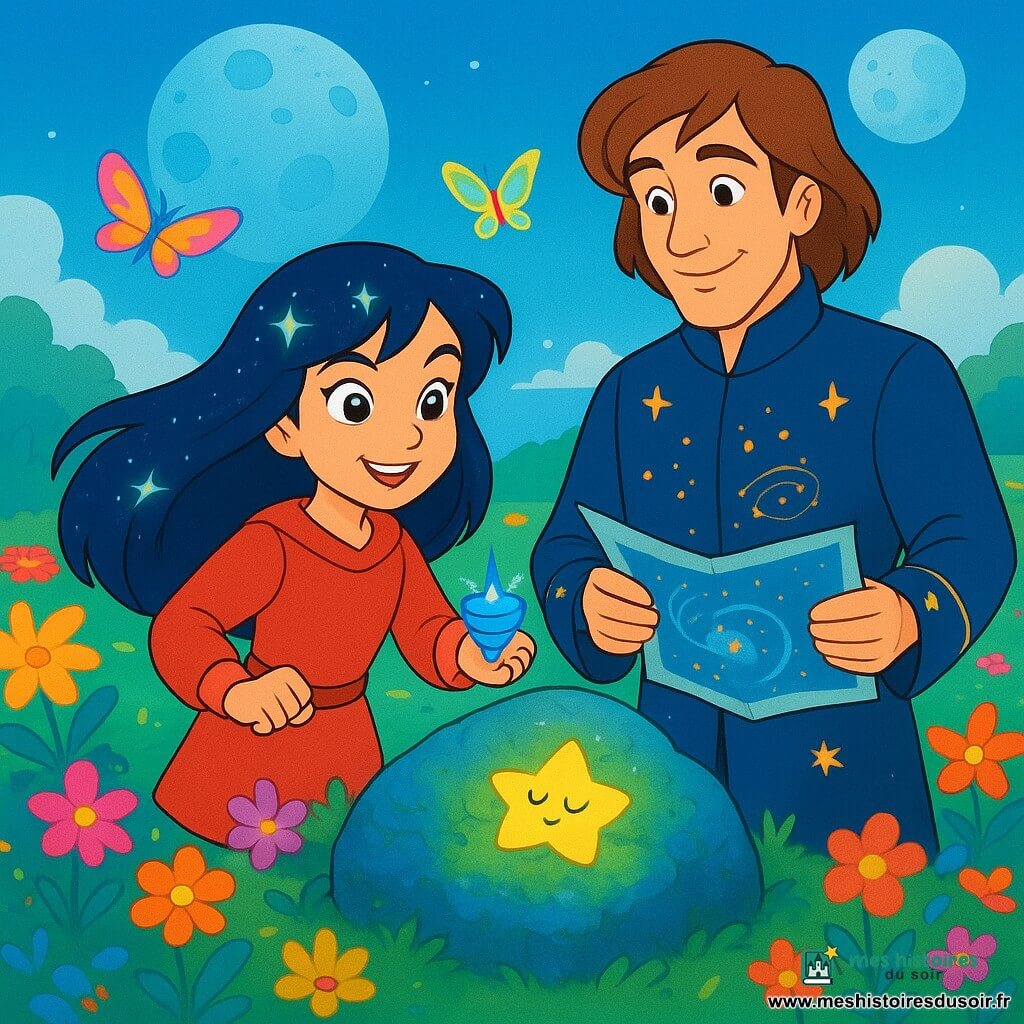 Mira, une jeune femme aux cheveux scintillants et aux yeux déterminés, tient une toupie bleue étincelante. Elle est prête à réveiller une étoile endormie. Toren, un homme d'une trentaine d'années avec un manteau orné de cartes stellaires, se tient à ses côtés avec un sourire rassurant et un plan galactique. Ils sont dans le jardin des échos, un espace entre deux lunes, rempli de fleurs colorées qui transforment les sons en couleurs. Au centre, une pierre couverte de mousse bleue abrite une petite étoile endormie. La scène montre Mira et Toren unissant leurs forces pour réveiller l'étoile, entourés de papillons lumineux et de couleurs éclatantes.