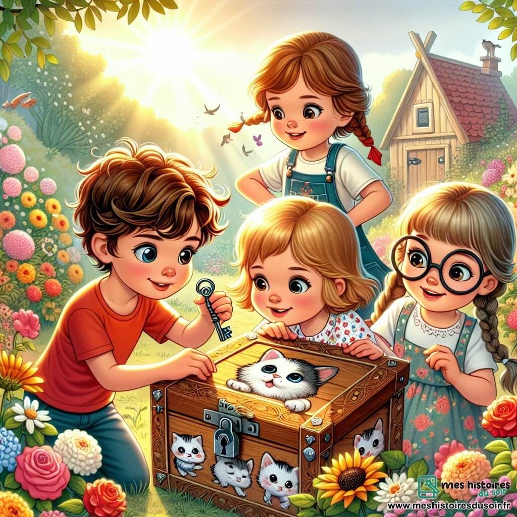 Dans un jardin ensoleillé, quatre enfants se tiennent près d'une boîte en bois décorée de motifs de chatons. Maxime, 10 ans, insère une clé dans la serrure, déterminé. Léa, 9 ans, avec des lunettes rondes et une robe à fleurs, tient un carnet ouvert. Tom, 11 ans, aux cheveux blonds, regarde la boîte avec émerveillement. Zoé, 10 ans, avec des tresses et un short bleu, sourit pour encourager ses amis. Le jardin est rempli de fleurs colorées, et au fond se trouve une cabane en bois. Les enfants enquêtent pour ouvrir la boîte à secrets de Madame Pupuce.